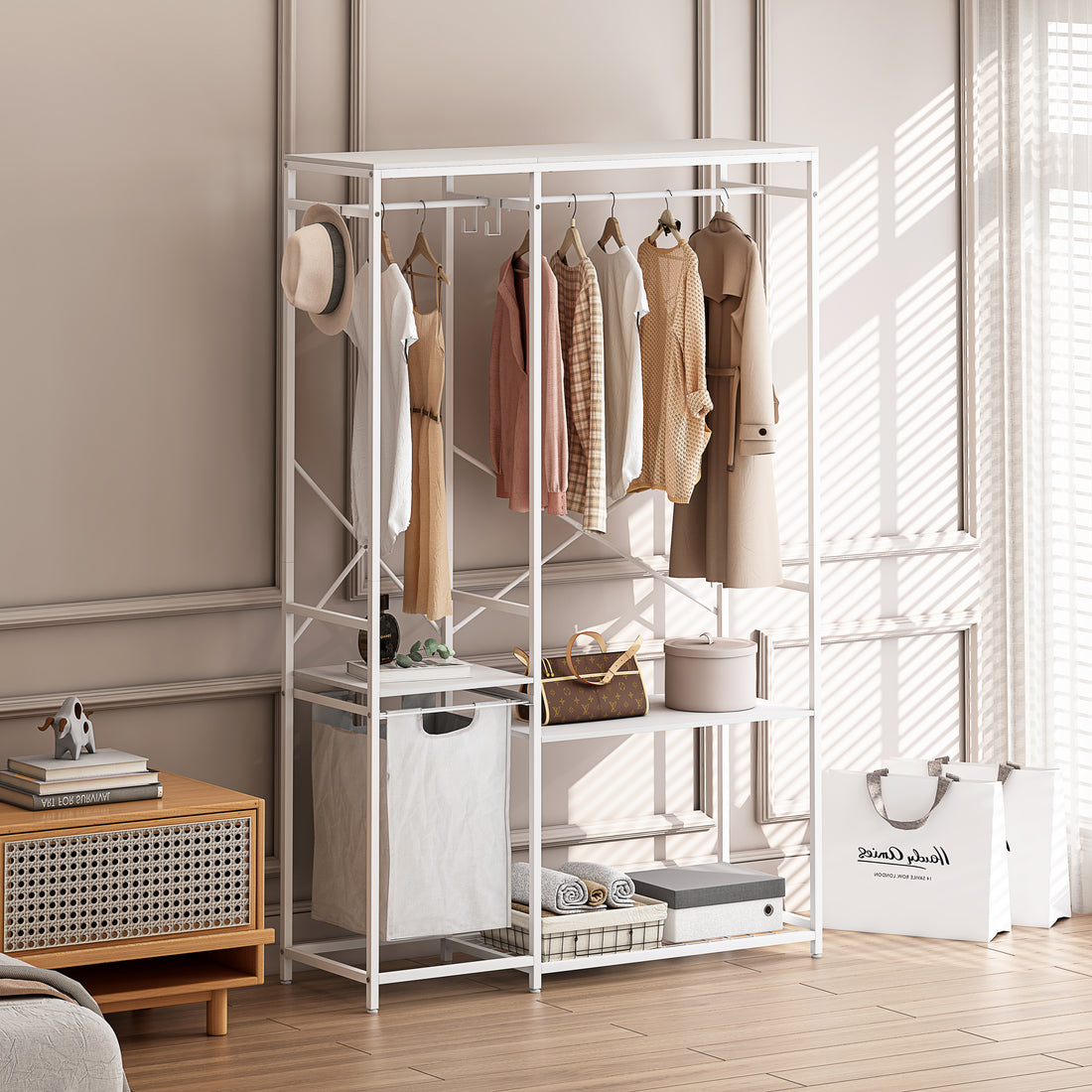 Portable Wardrobe Clothes Rack, Freestanding Clothing Rack With Bottom Mesh Storage Rack, Multi Functional Bedroom Clothing Rack With Premium Oxford Cloth Storage Bag,White White Mdf Metal