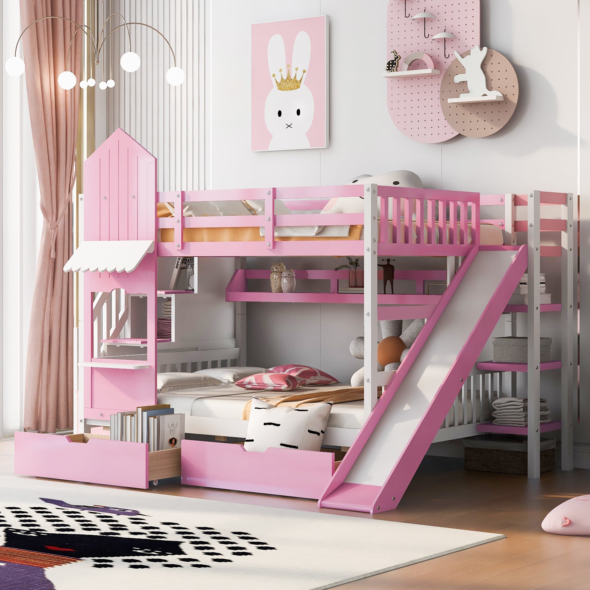 Full Over Full Castle Style Bunk Bed With 2 Drawers 3 Shelves And Slide Pink Pink Solid Wood