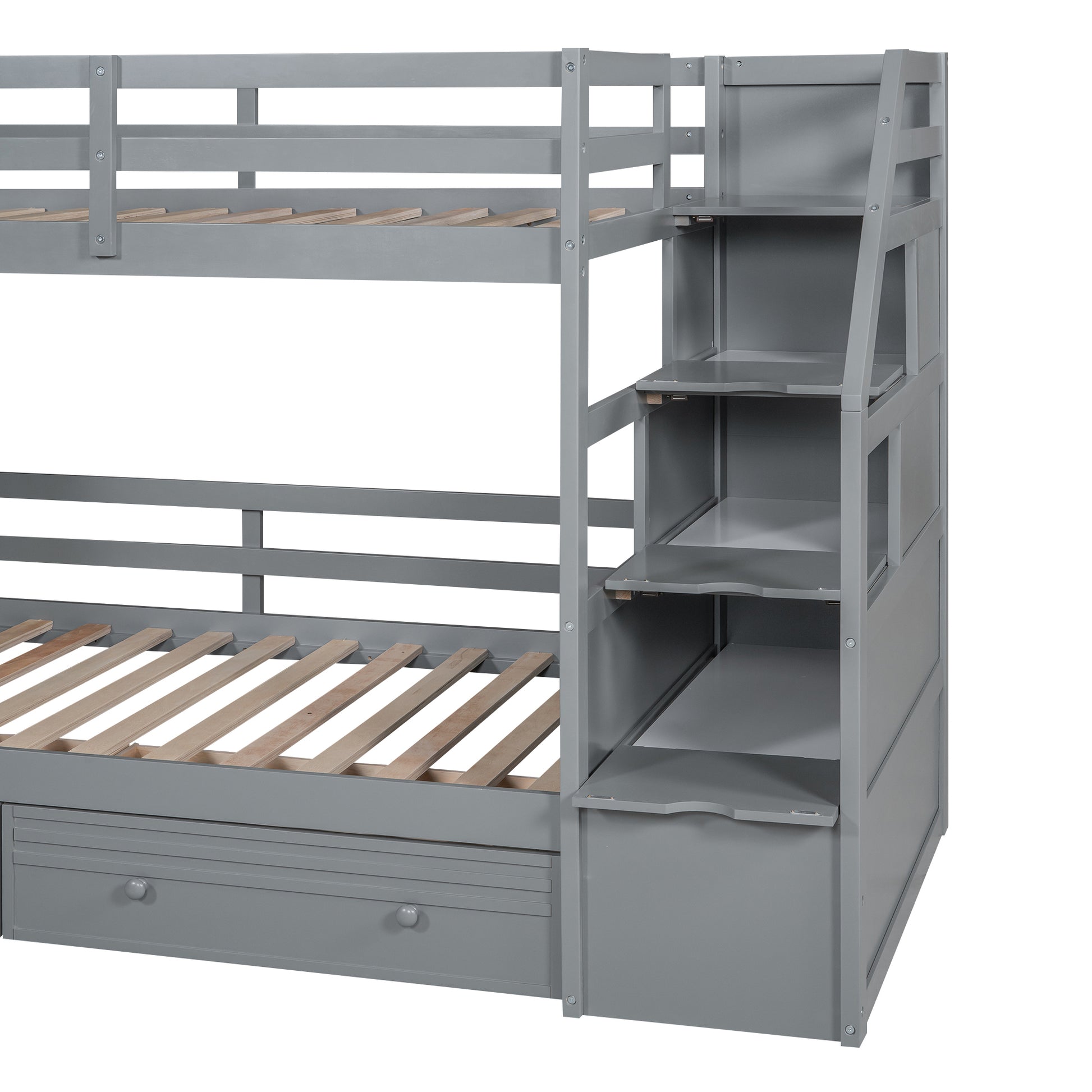 Twin Over Twin Bunk Bed With Storage Staircase, Slide And Drawers, Desk With Drawers And Shelves, Gray Box Spring Not Required Twin Gray Wood Bedroom Bunk Pine