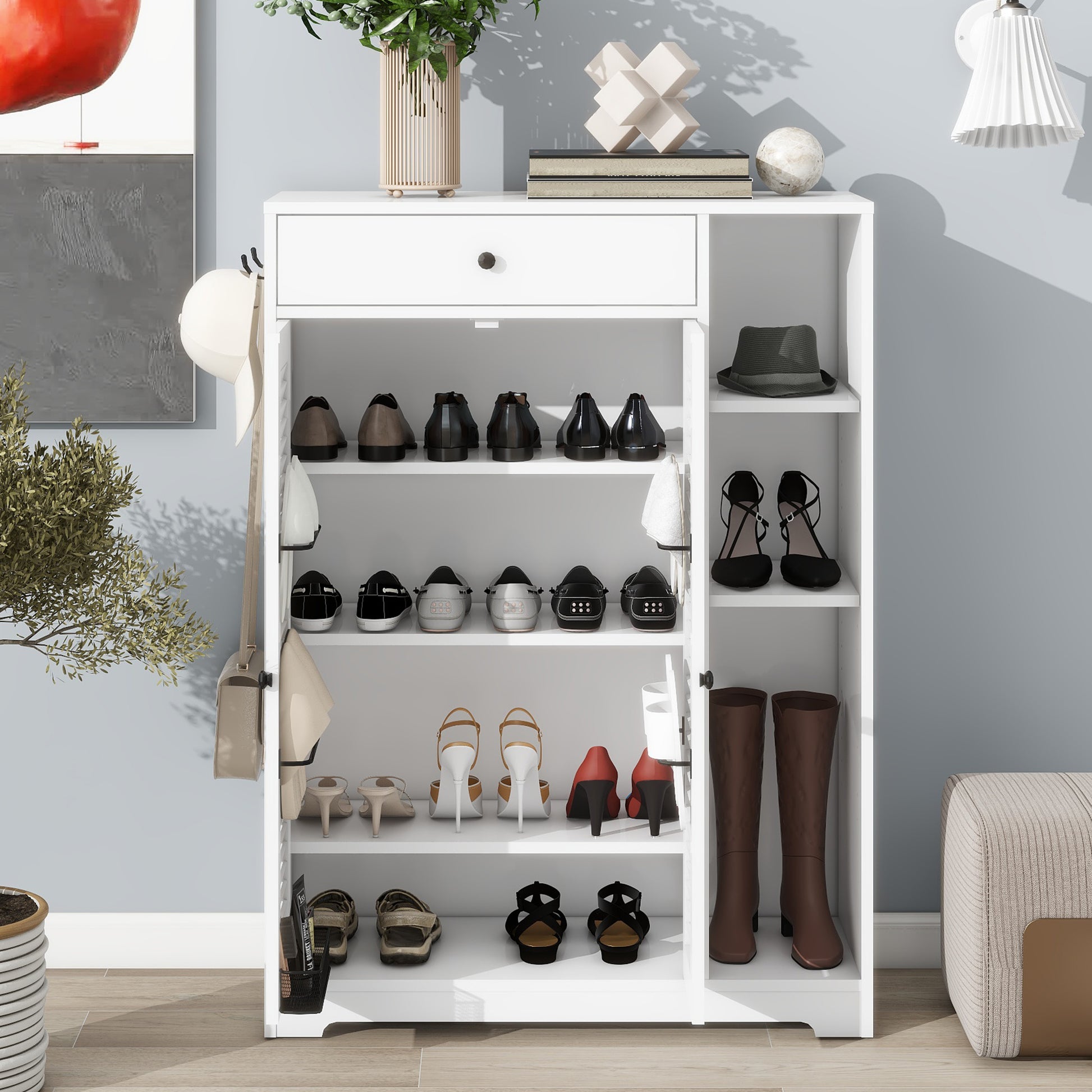 Freestanding Shoe Rack Organizer With 2 Shutter Door, Entryway Narrow Shoe Storage With Adjustable Storage Shelf &Top Drawer, Modern Slim Shoe Cabinet, White White Particle Board