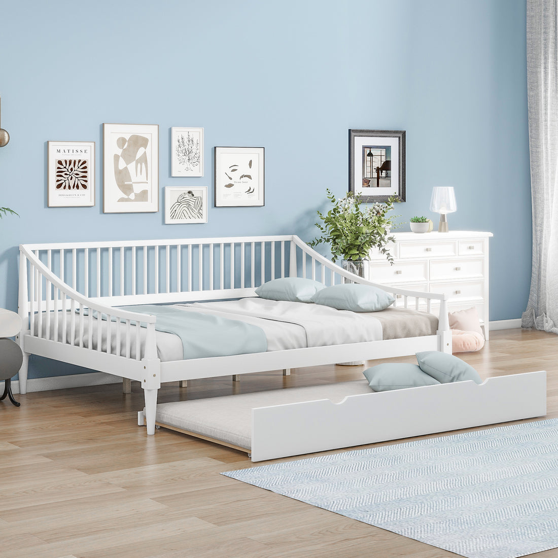 Full Size Daybed With Trundle And Support Legs, White White Solid Wood Mdf