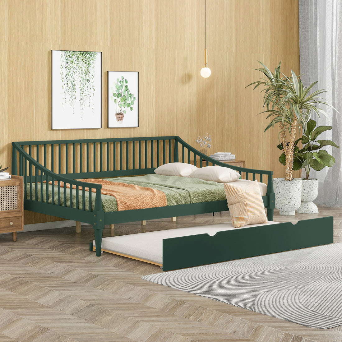 Full Size Daybed With Trundle And Support Legs, Green Green Solid Wood Mdf