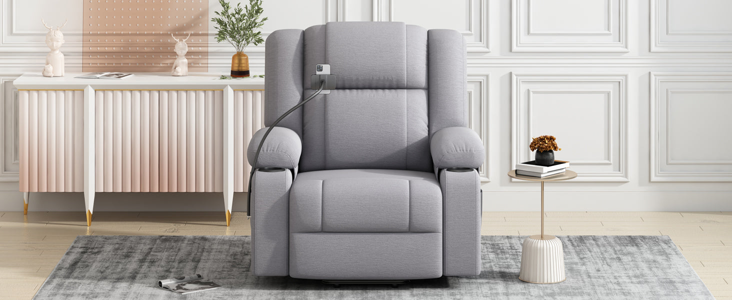 Power Lift Recliner Chair Electric Recliner For Elderly Recliner Chair With Massage And Heating Functions, Remote, Phone Holder Side Pockets And Cup Holders For Living Room, Grey Grey Foam Chenille