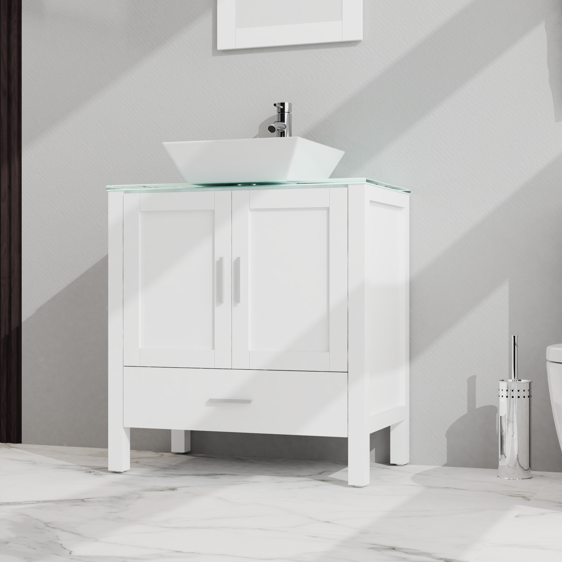 Goodyo 30" Bathroom Vanity And Sink Combo Glass Top Cabinet W Mirror, White 1 White 2 24 To 35 In 24 To 31 In Mirror Included Bathroom Freestanding American Design 15 20 Inches Mdf Mdf Glass