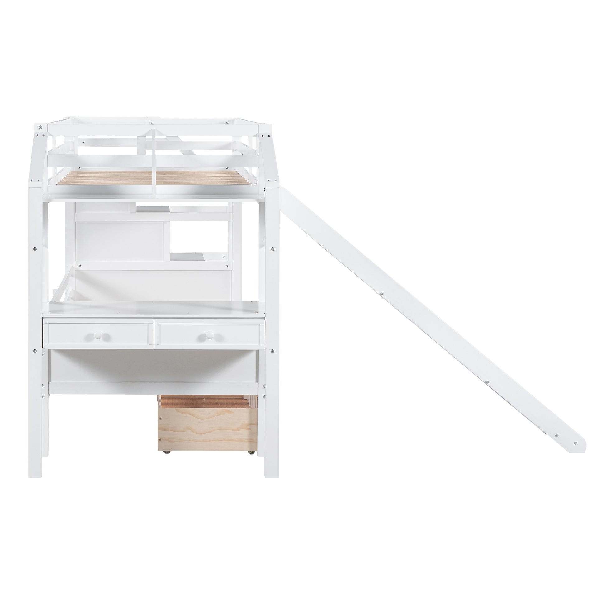 Twin Over Twin Bunk Bed With Storage Staircase, Slide And Drawers, Desk With Drawers And Shelves, White Box Spring Not Required Twin White Wood Bedroom Bunk Pine