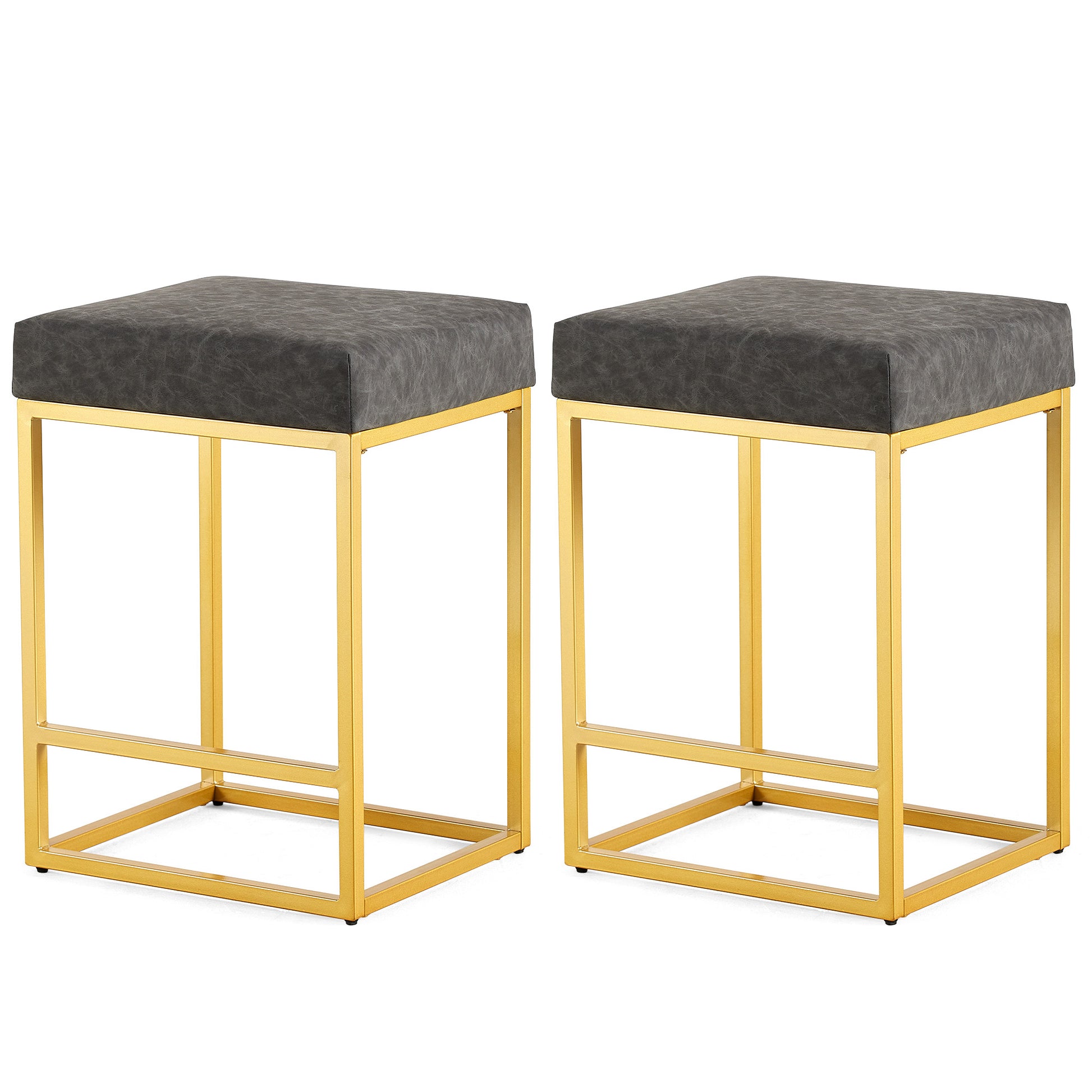 Grey Pu Upholstered Counter & Bar Stool With Footrest, Pu Leather Set Of 2 Metal Grey Dining Room Pu Leather