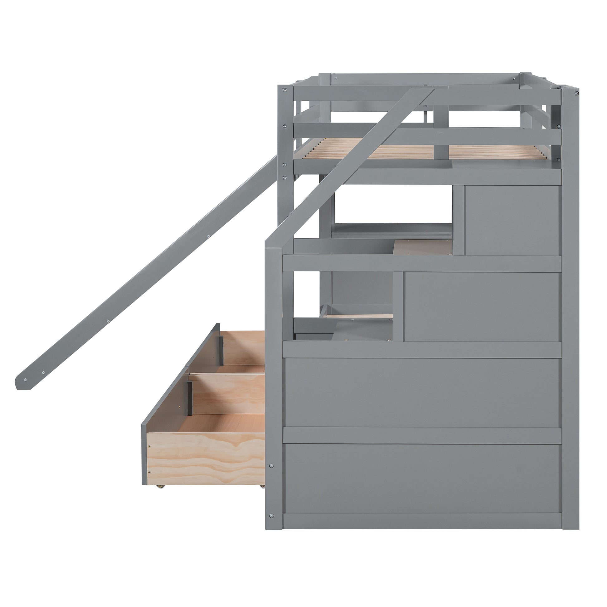 Twin Over Twin Bunk Bed With Storage Staircase, Slide And Drawers, Desk With Drawers And Shelves, Gray Box Spring Not Required Twin Gray Wood Bedroom Bunk Pine