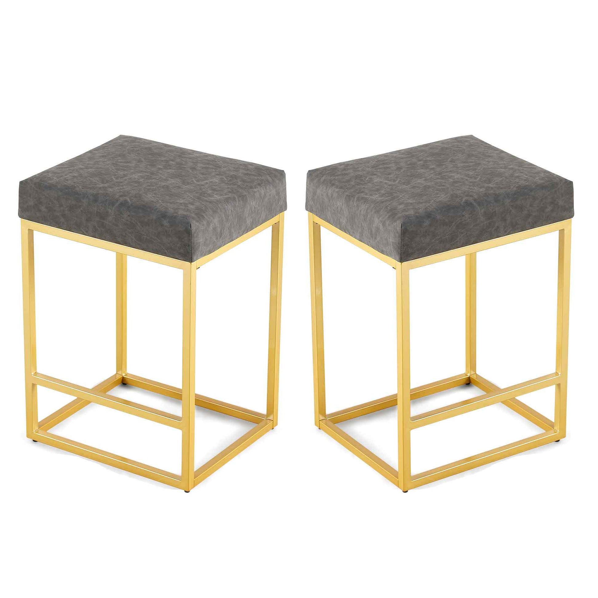 Grey Pu Upholstered Counter & Bar Stool With Footrest, Pu Leather Set Of 2 Metal Grey Dining Room Pu Leather