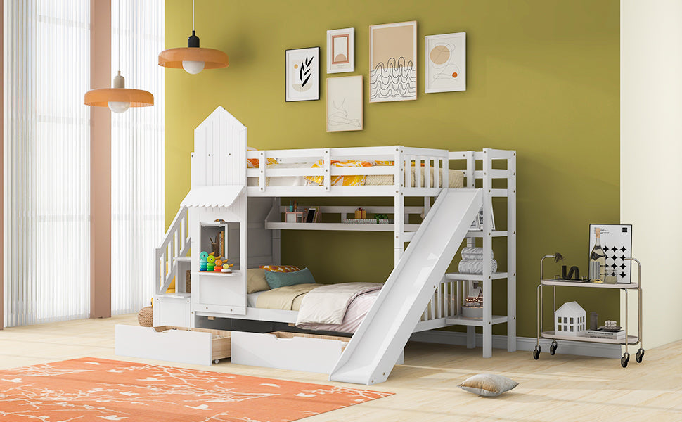 Twin Over Twin Castle Style Bunk Bed With 2 Drawers 3 Shelves And Slide White White Solid Wood