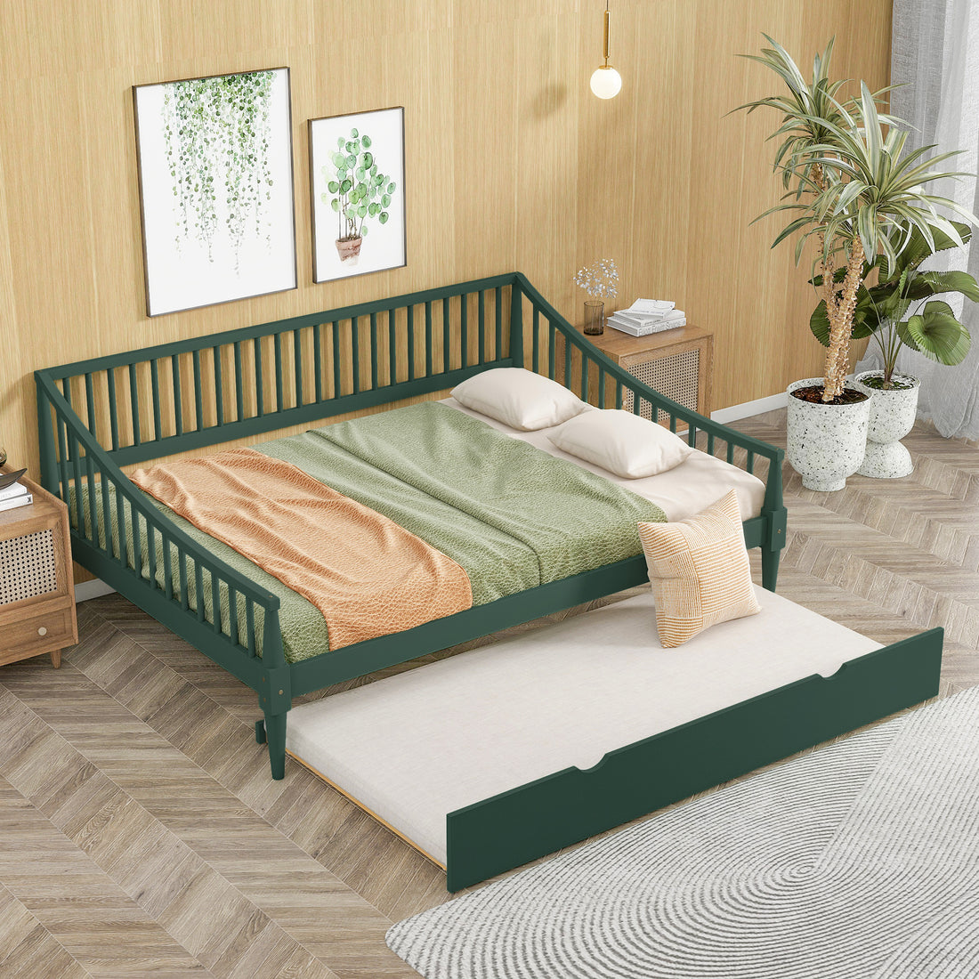 Full Size Daybed With Trundle And Support Legs, Green Green Solid Wood Mdf