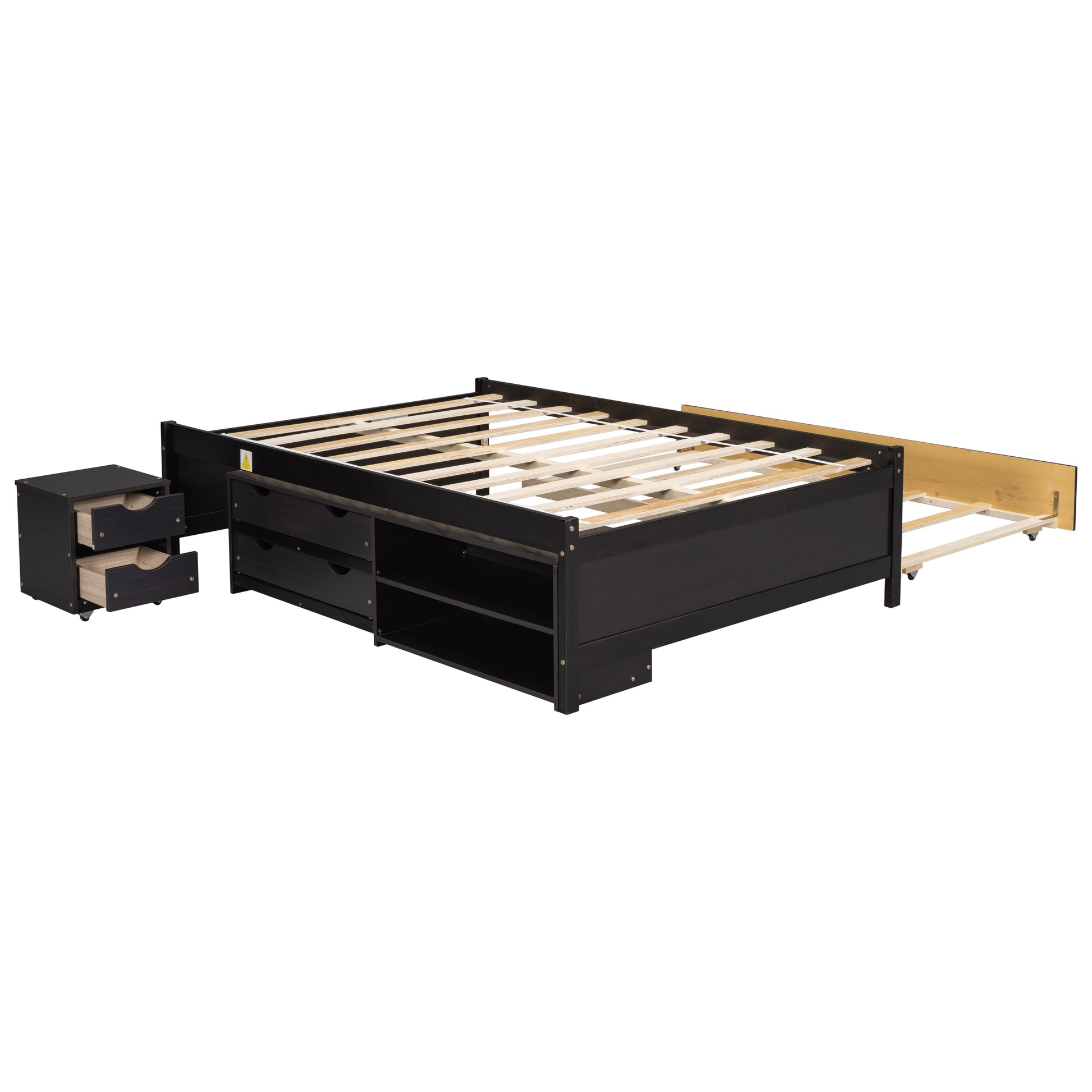 Versatile Full Bed With Trundle,Under Bed Storage Box And Nightstand .Espresso Full Espresso Pine