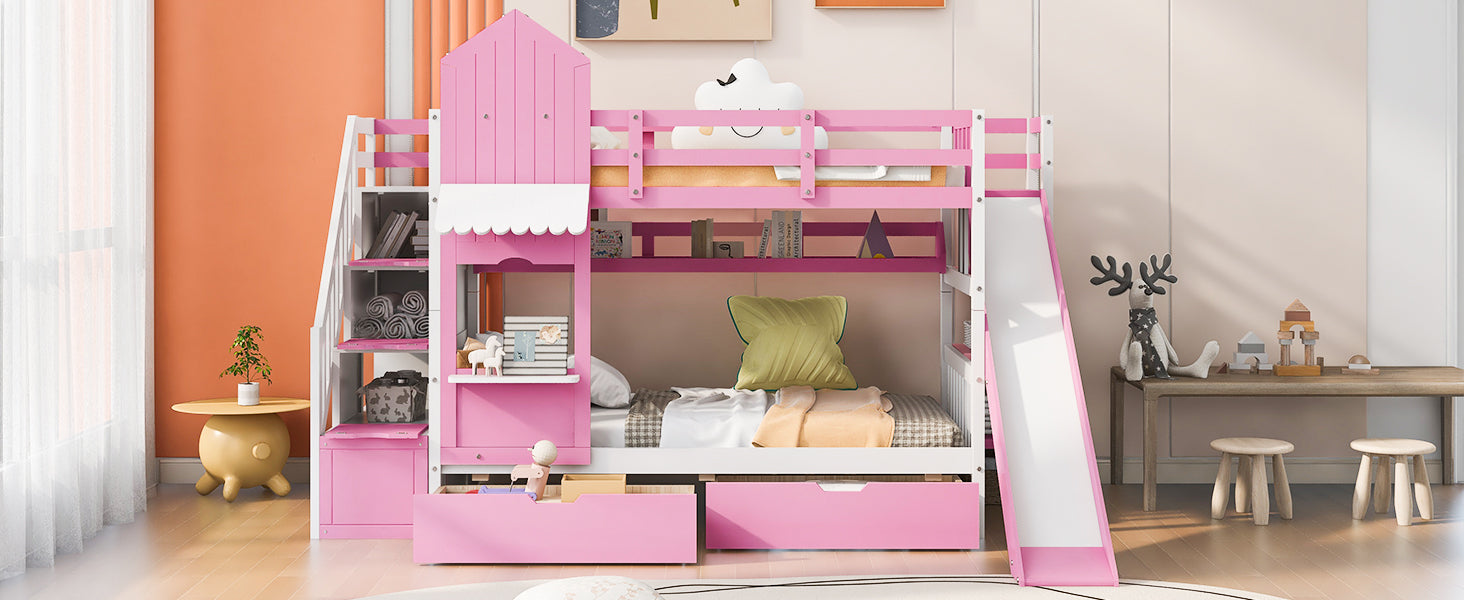 Twin Over Twin Castle Style Bunk Bed With 2 Drawers 3 Shelves And Slide Pink Pink Solid Wood