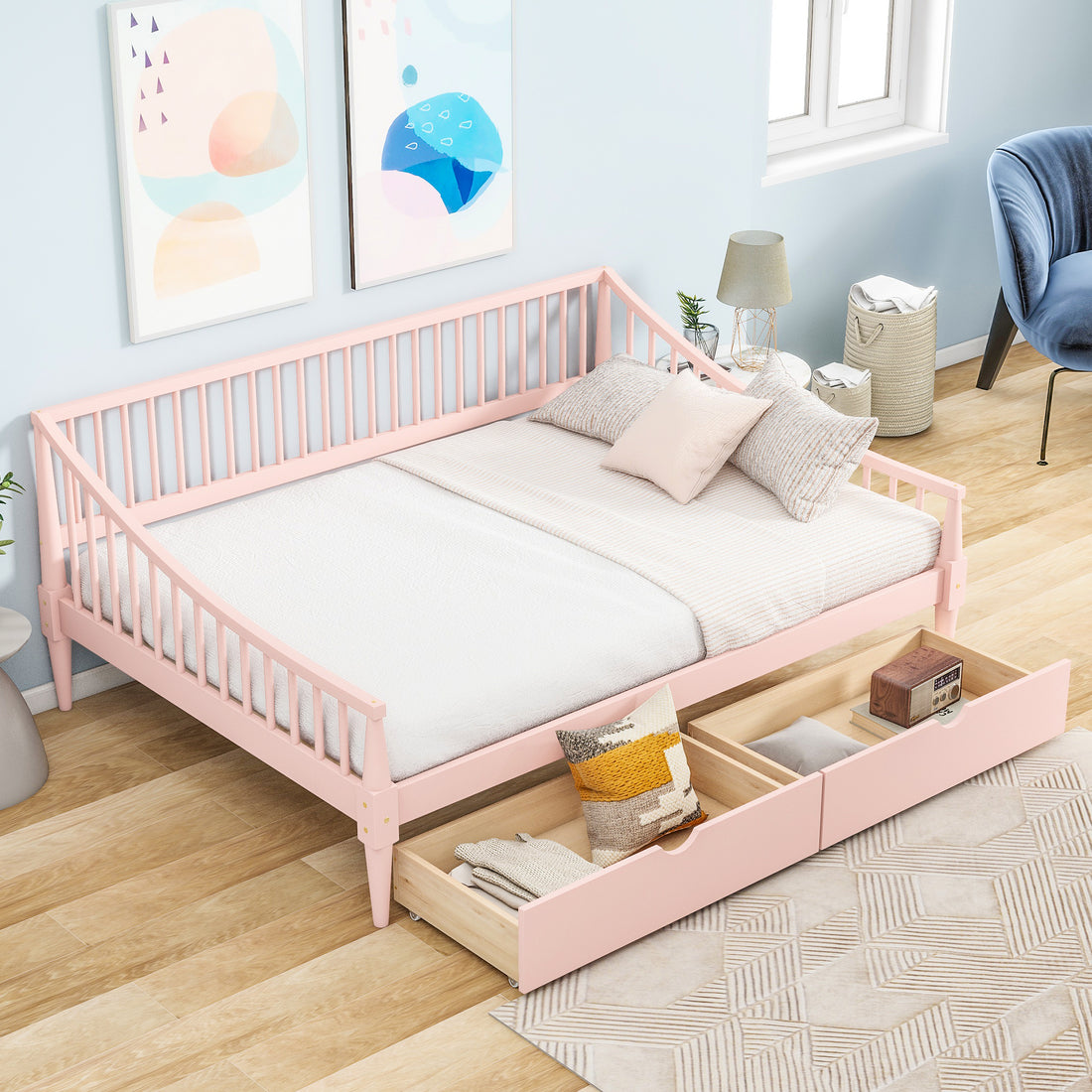 Full Size Daybed With Two Storage Drawers And Support Legs, Pink Pink Solid Wood Mdf