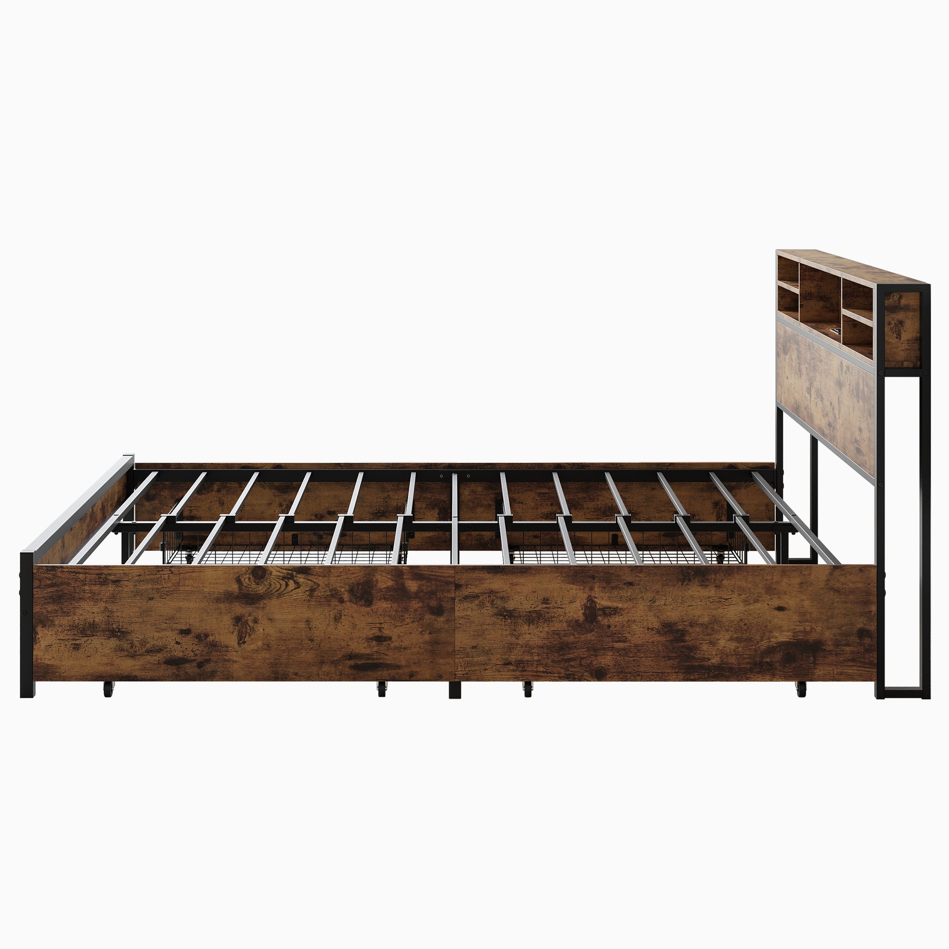 Queen Bed Frame With Storage Headboard And 4 Drawers Box Spring Not Required Queen Black Metal Bedroom Bed Frame Metal & Wood