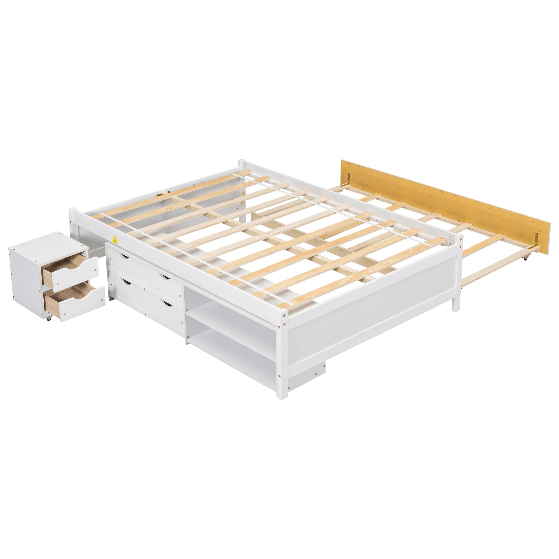 Versatile Full Bed With Trundle,Under Bed Storage Box And Nightstand .White Full White Pine