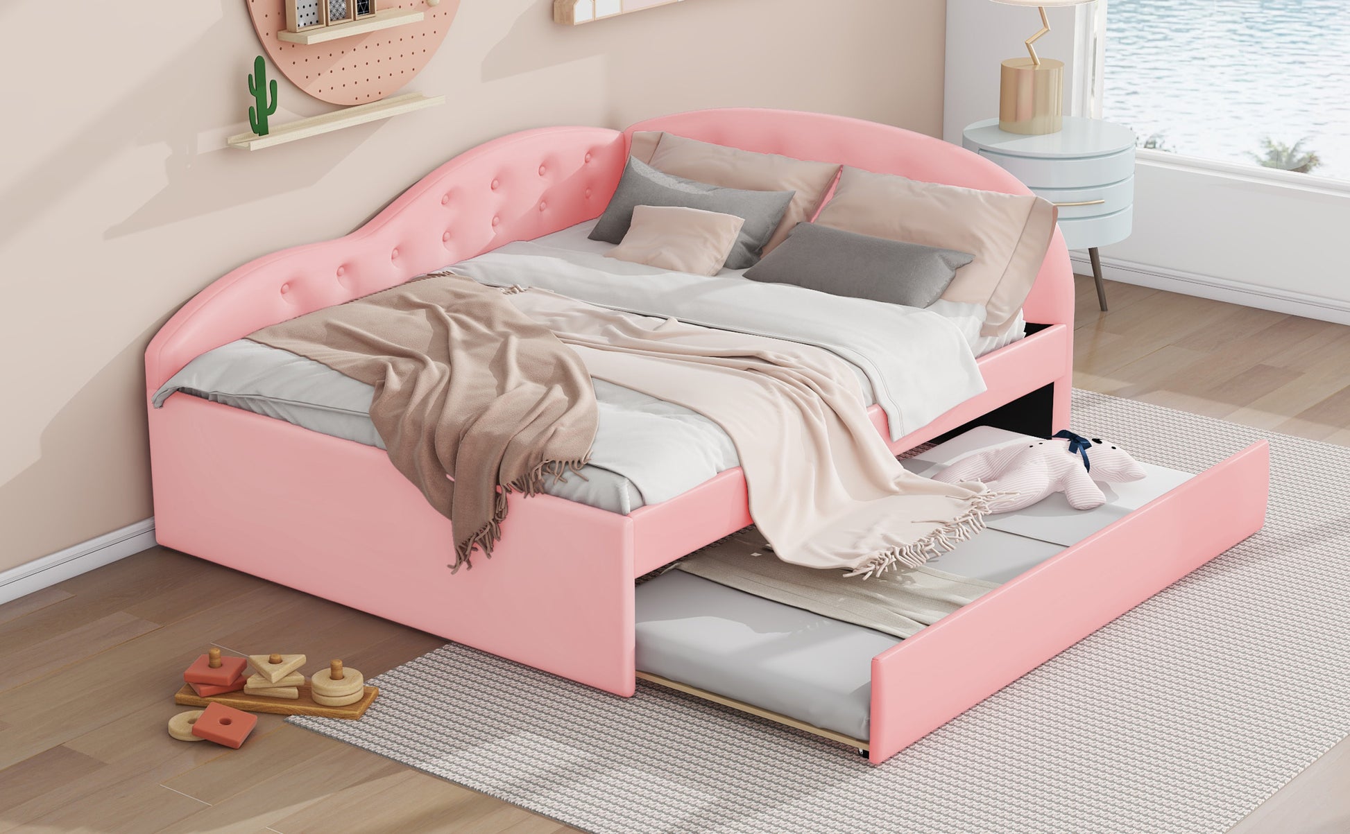 Full Size Pu Upholstered Tufted Daybed With Trundle And Cloud Shaped Guardrail, Pink Box Spring Not Required Full Pink Wood Daybeds Faux Leather Upholstered