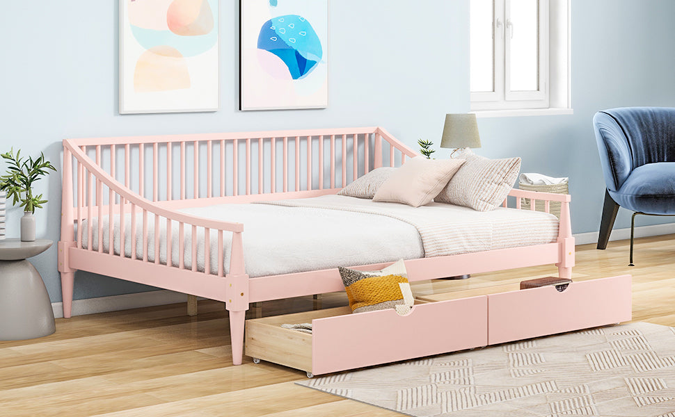 Full Size Daybed With Two Storage Drawers And Support Legs, Pink Pink Solid Wood Mdf