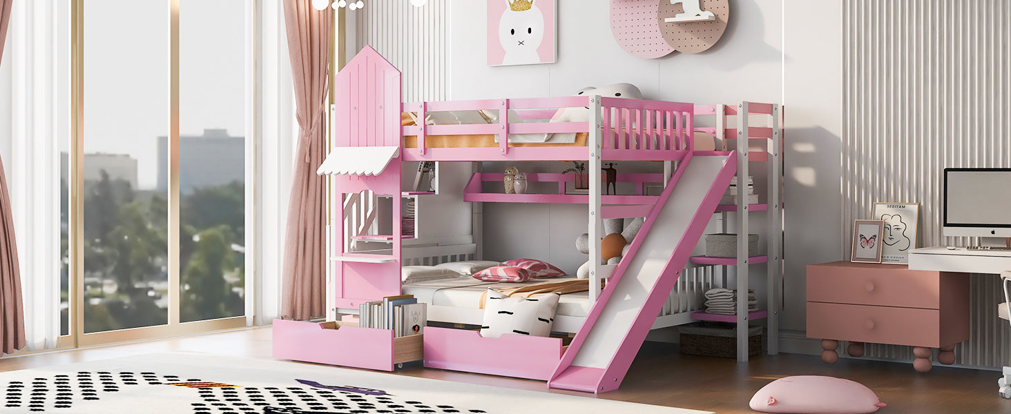 Full Over Full Castle Style Bunk Bed With 2 Drawers 3 Shelves And Slide Pink Pink Solid Wood