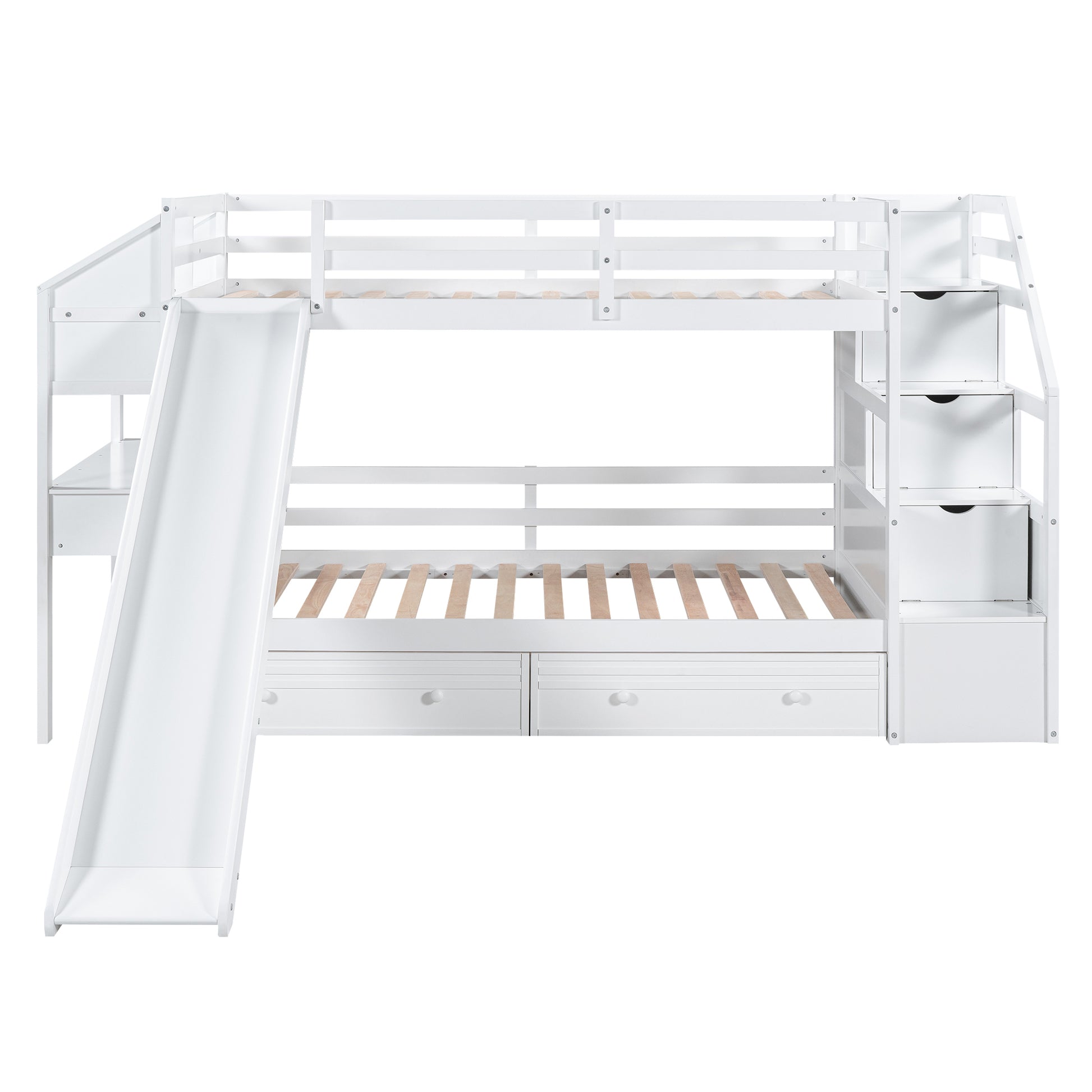 Twin Over Twin Bunk Bed With Storage Staircase, Slide And Drawers, Desk With Drawers And Shelves, White Box Spring Not Required Twin White Wood Bedroom Bunk Pine