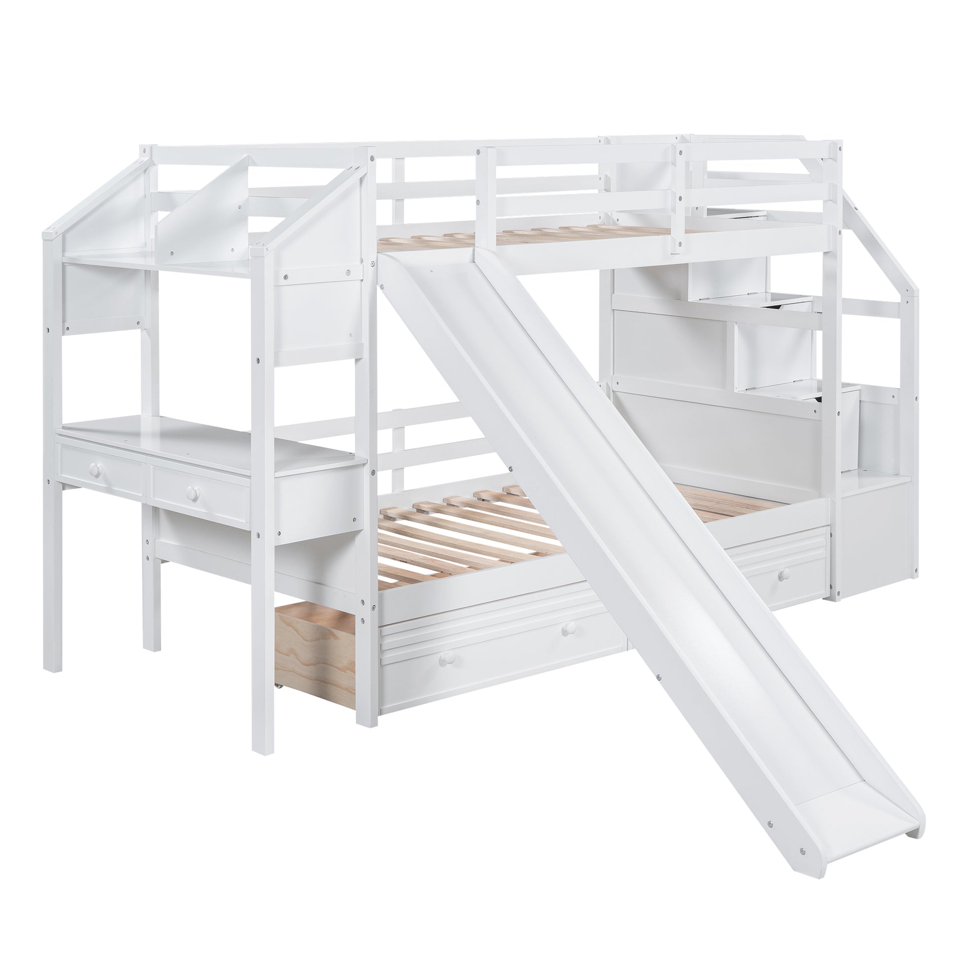 Twin Over Twin Bunk Bed With Storage Staircase, Slide And Drawers, Desk With Drawers And Shelves, White Box Spring Not Required Twin White Wood Bedroom Bunk Pine