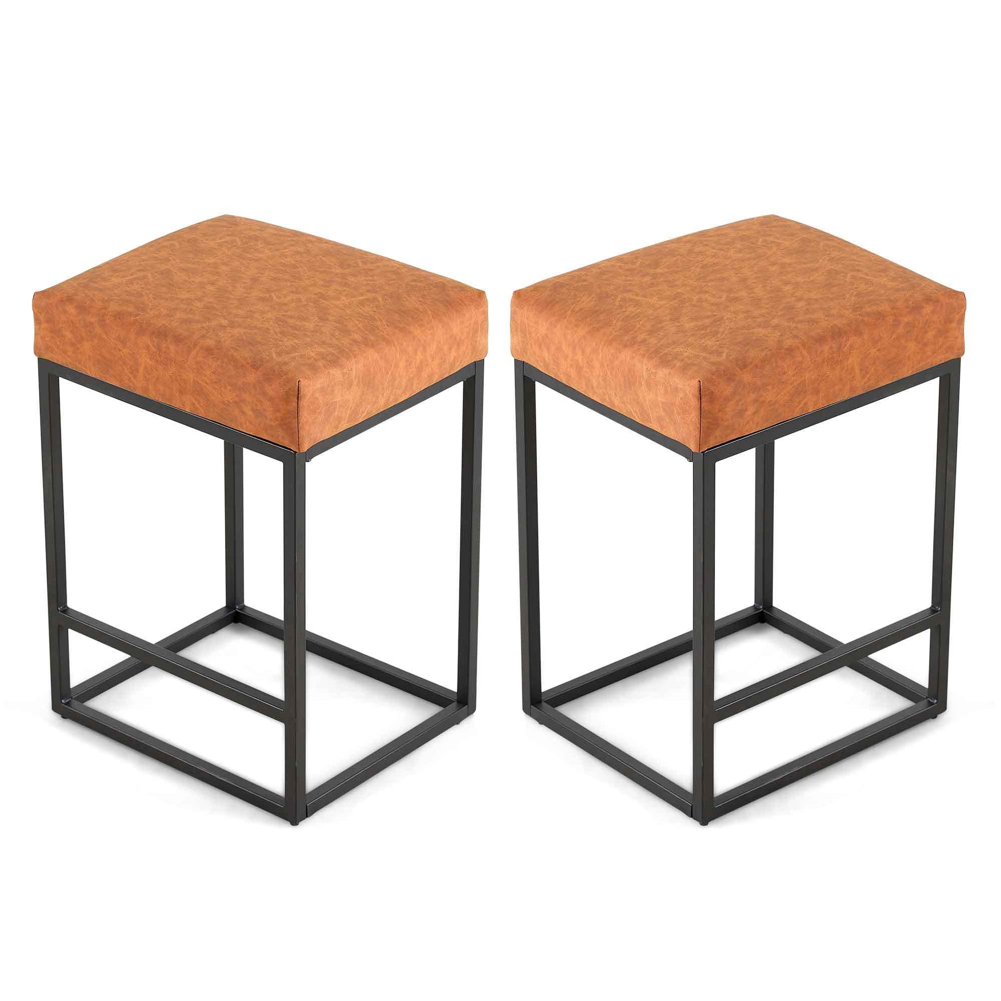 Brown Pu Upholstered Counter & Bar Stool With Footrest, Pu Leather Set Of 2 Metal Brown Dining Room Pu Leather