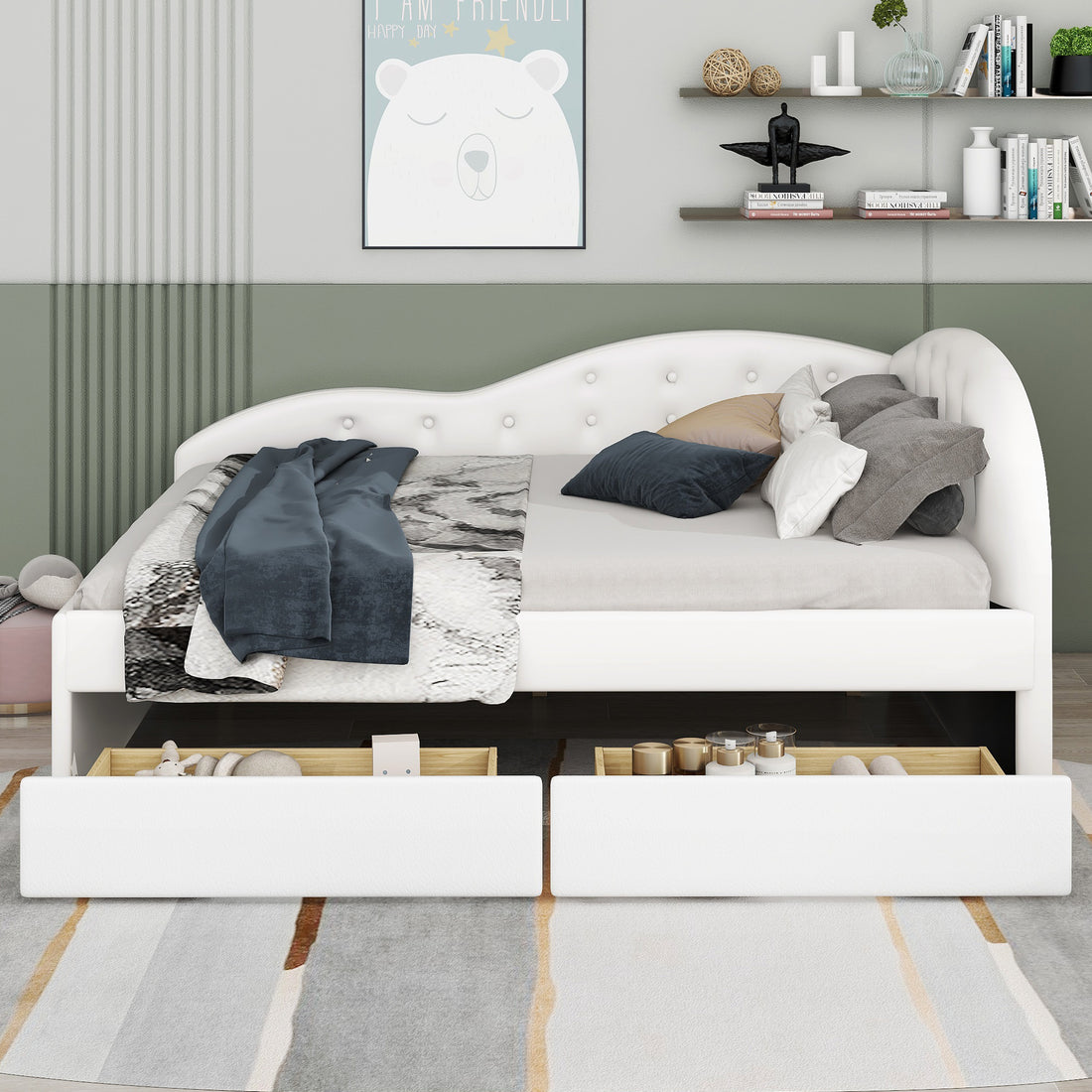 Full Size Pu Upholstered Tufted Daybed With Two Drawers And Cloud Shaped Guardrail, White Box Spring Not Required Full White Wood Faux Leather Upholstered