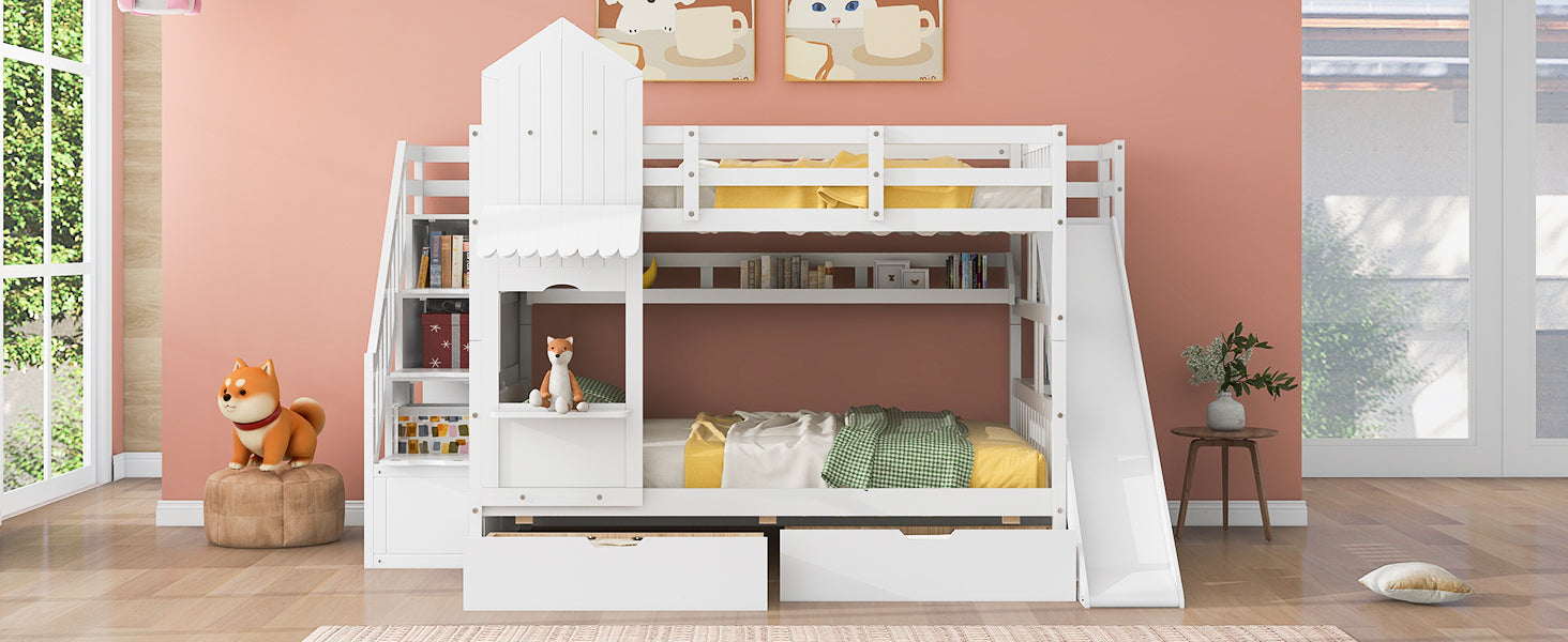 Full Over Full Castle Style Bunk Bed With 2 Drawers 3 Shelves And Slide White White Solid Wood