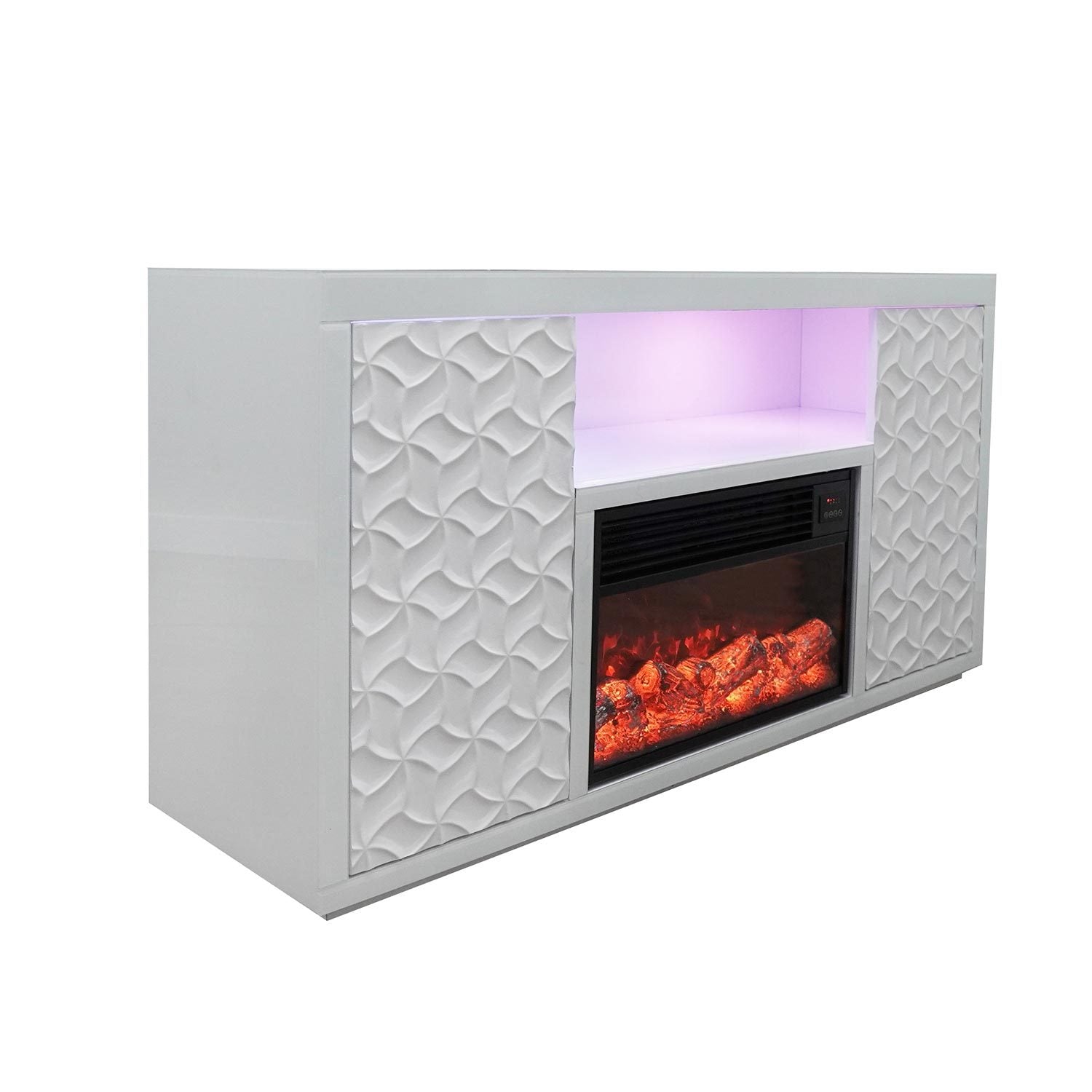 Timeless White Electric Fireplace With Led Panel, Speakers, And Remote White Resin Mdf Metal