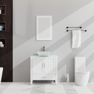 Goodyo 30" Bathroom Vanity And Sink Combo Glass Top Cabinet W Mirror, White 1 White 2 24 To 35 In 24 To 31 In Mirror Included Bathroom Freestanding American Design 15 20 Inches Mdf Mdf Glass