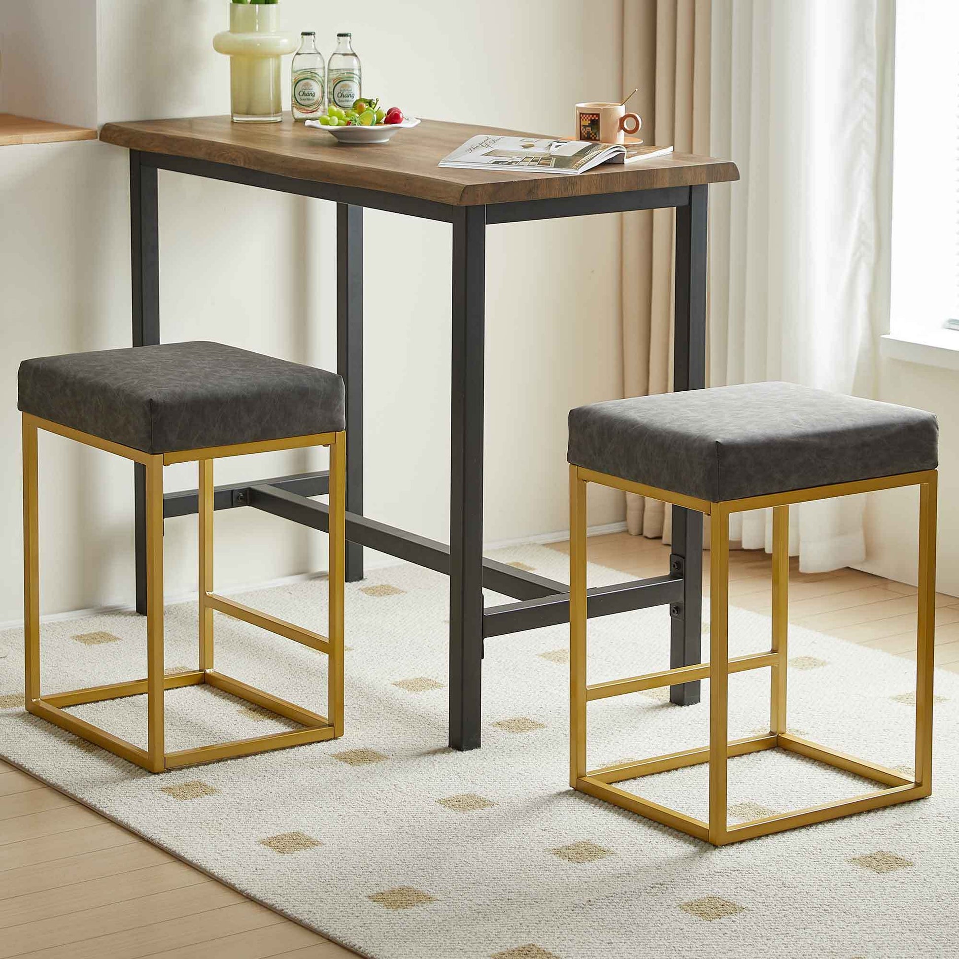 Grey Pu Upholstered Counter & Bar Stool With Footrest, Pu Leather Set Of 2 Metal Grey Dining Room Pu Leather