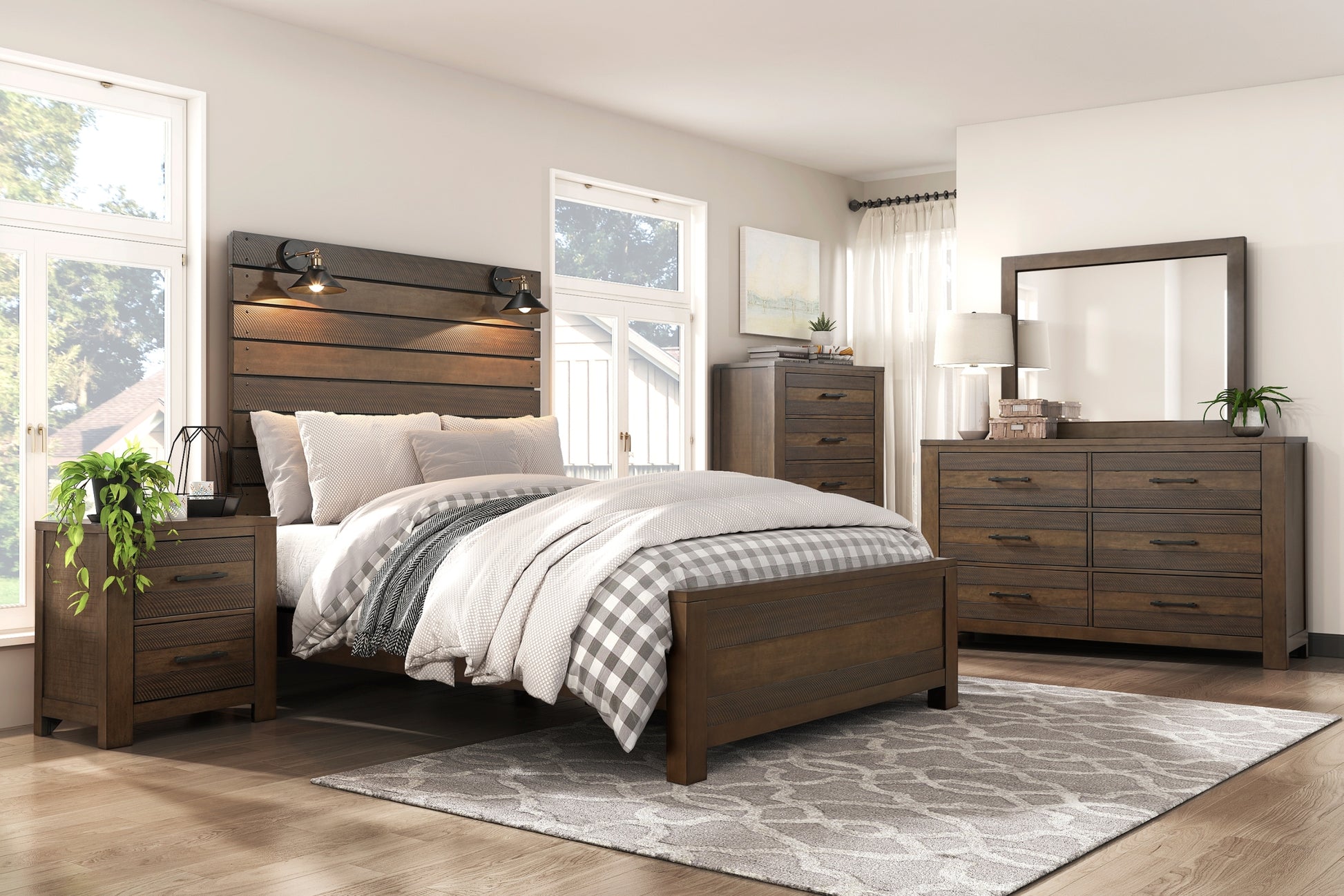 Bold Look Bedroom Furniture Antique Brown Queen Bed Panel Headboard With Built In Lampshades Wooden Furniture Box Spring Required Queen Antique Brown Wood Bedroom Contemporary,Transitional Bed Frame Wood