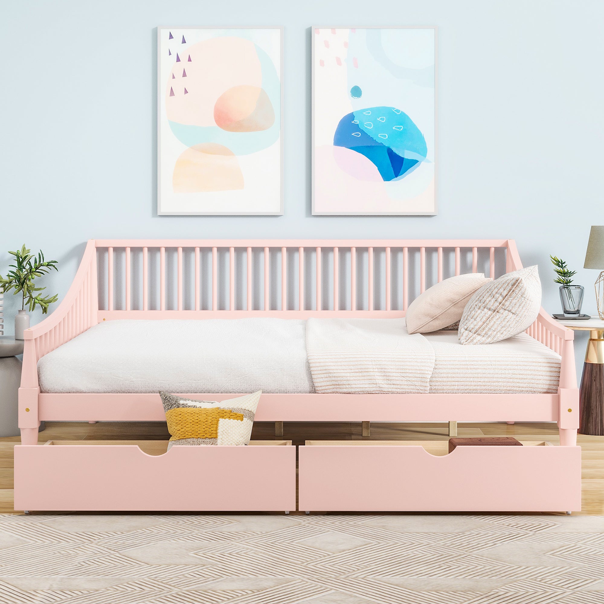 Full Size Daybed With Two Storage Drawers And Support Legs, Pink Pink Solid Wood Mdf