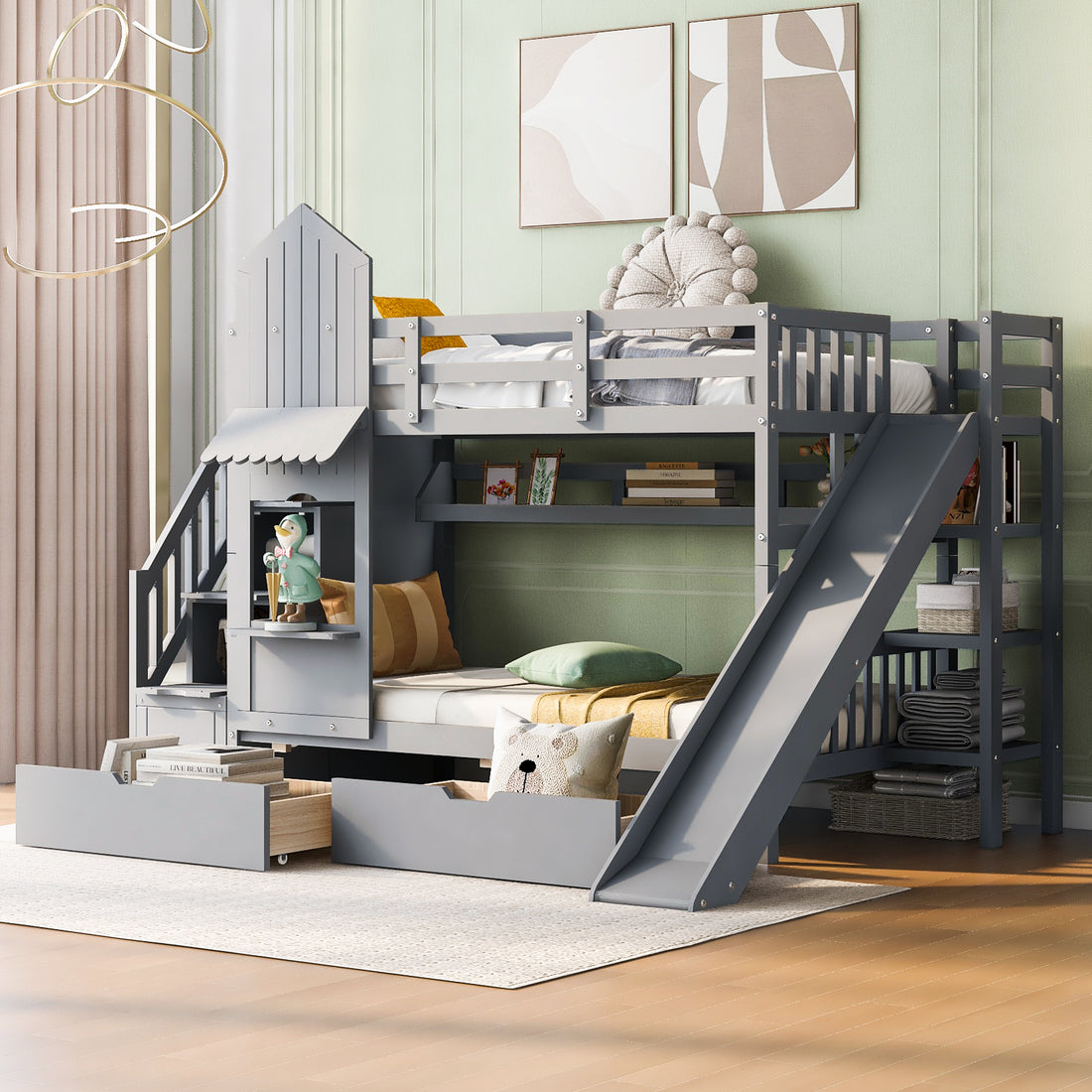 Twin Over Twin Castle Style Bunk Bed With 2 Drawers 3 Shelves And Slide Gray Gray Solid Wood