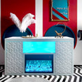 Timeless White Electric Fireplace With Led Panel, Speakers, And Remote White Resin Mdf Metal