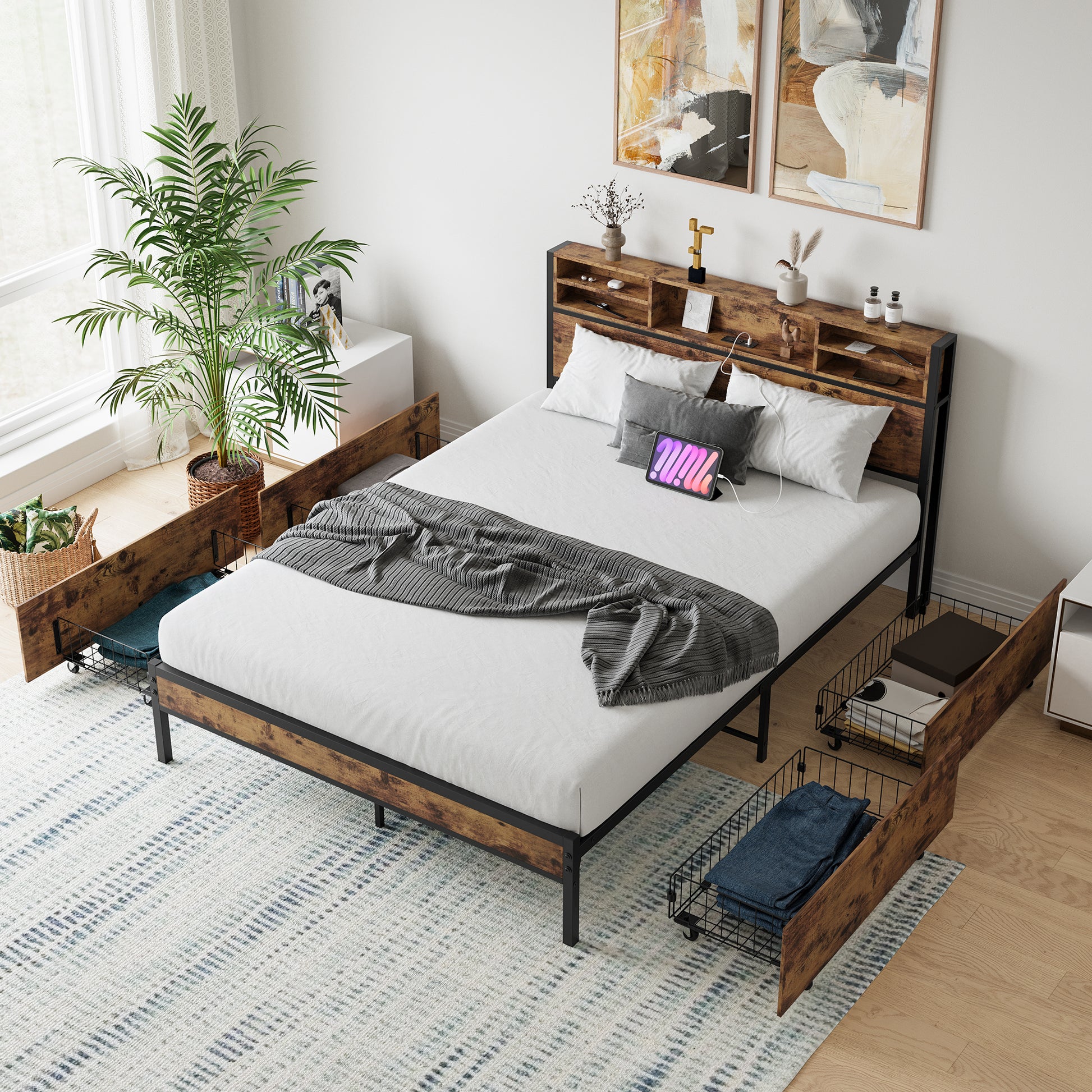 Queen Bed Frame With Storage Headboard And 4 Drawers Box Spring Not Required Queen Black Metal Bedroom Bed Frame Metal & Wood