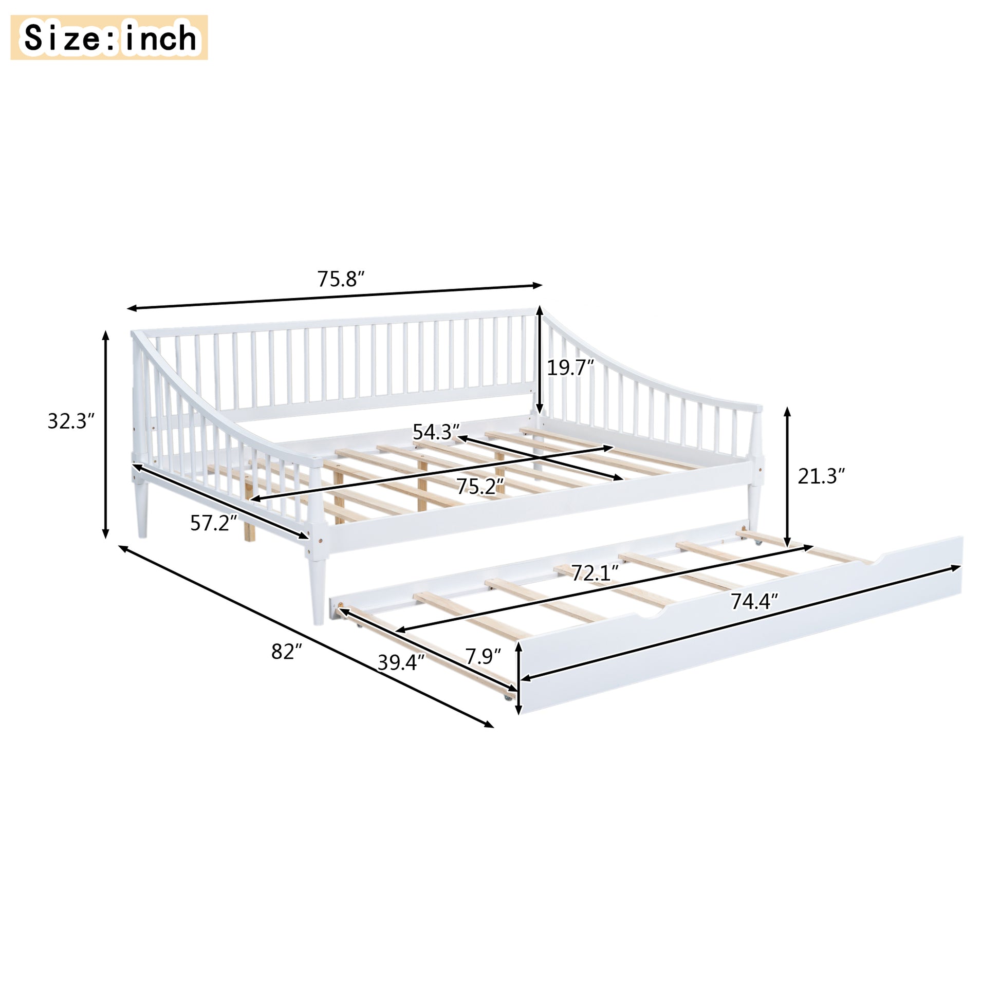 Full Size Daybed With Trundle And Support Legs, White White Solid Wood Mdf