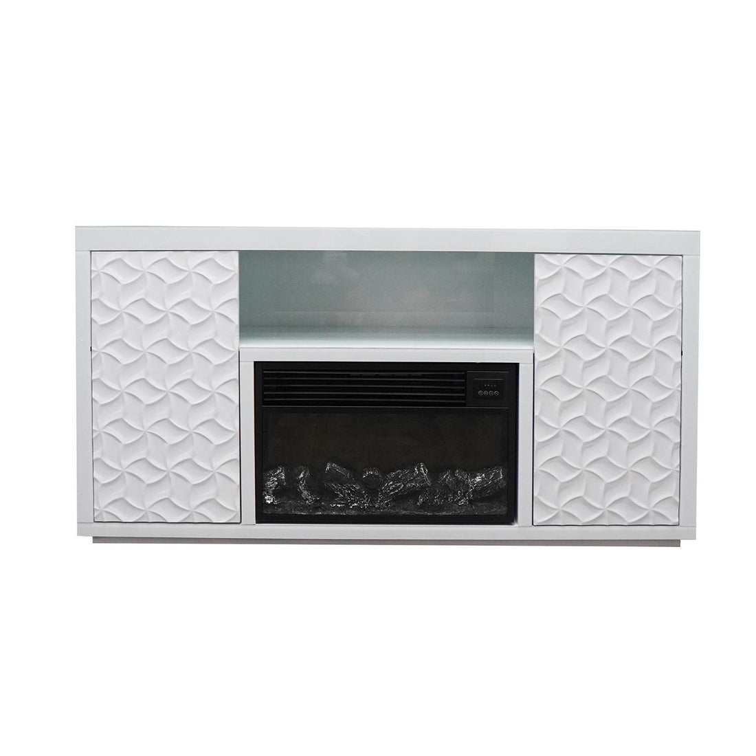 Timeless White Electric Fireplace With Led Panel, Speakers, And Remote White Resin Mdf Metal