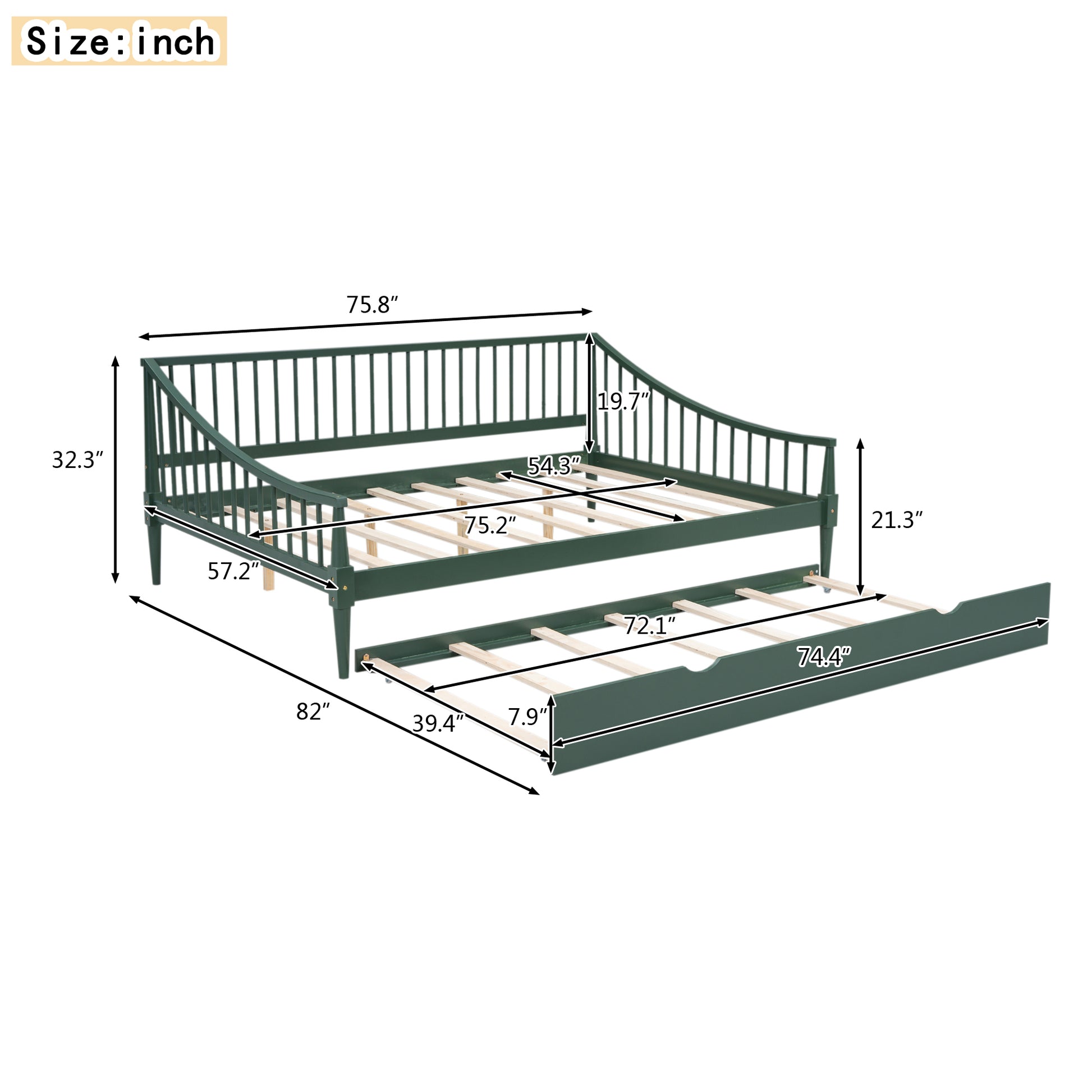 Full Size Daybed With Trundle And Support Legs, Green Green Solid Wood Mdf