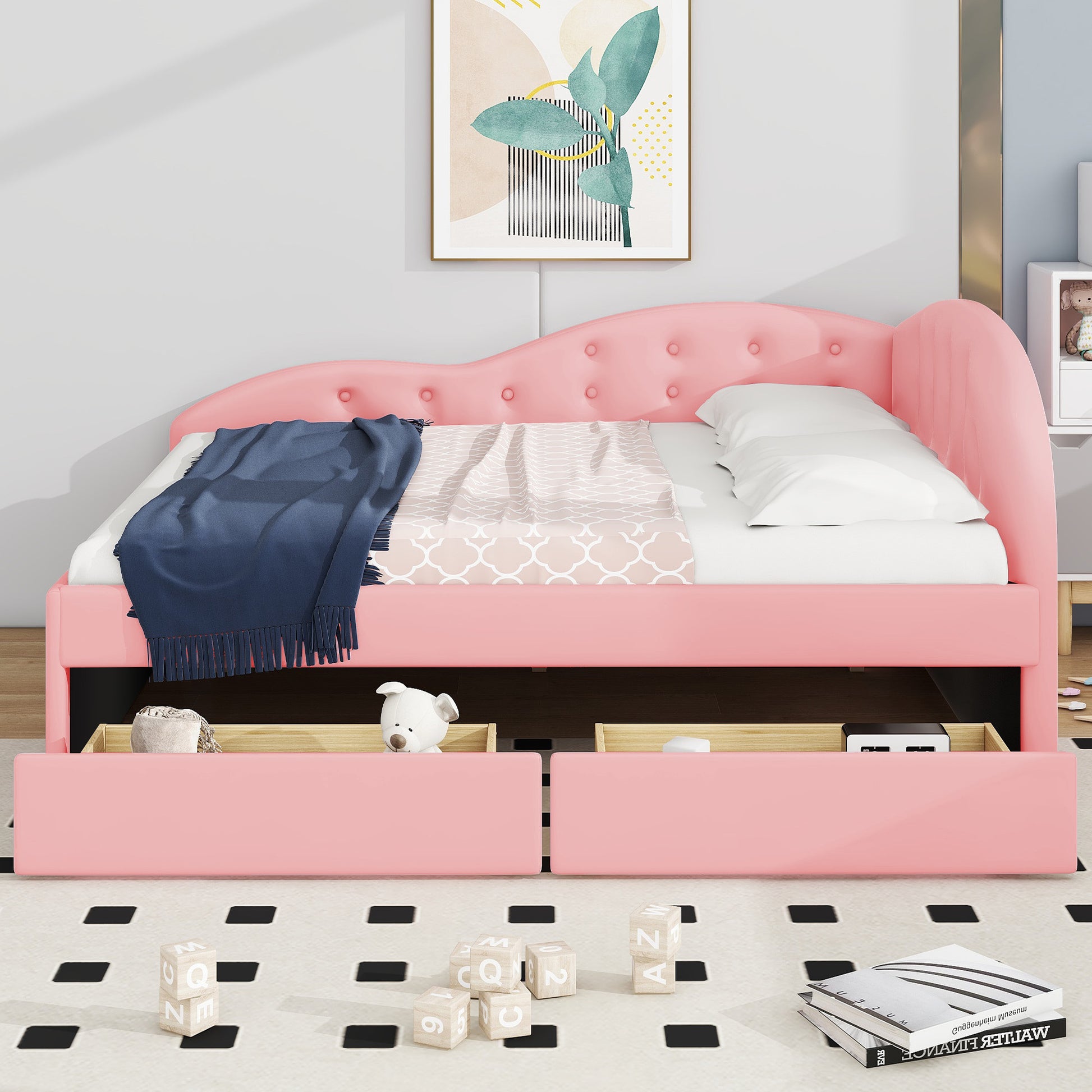 Full Size Pu Upholstered Tufted Daybed With Two Drawers And Cloud Shaped Guardrail, Pink Box Spring Not Required Full Pink Wood Faux Leather Upholstered