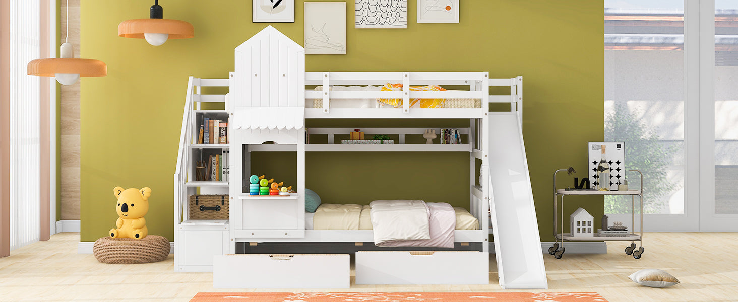 Twin Over Twin Castle Style Bunk Bed With 2 Drawers 3 Shelves And Slide White White Solid Wood