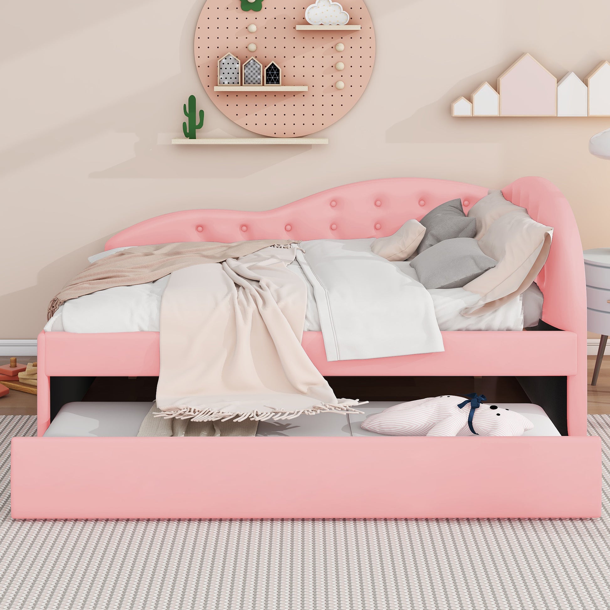 Full Size Pu Upholstered Tufted Daybed With Trundle And Cloud Shaped Guardrail, Pink Box Spring Not Required Full Pink Wood Daybeds Faux Leather Upholstered