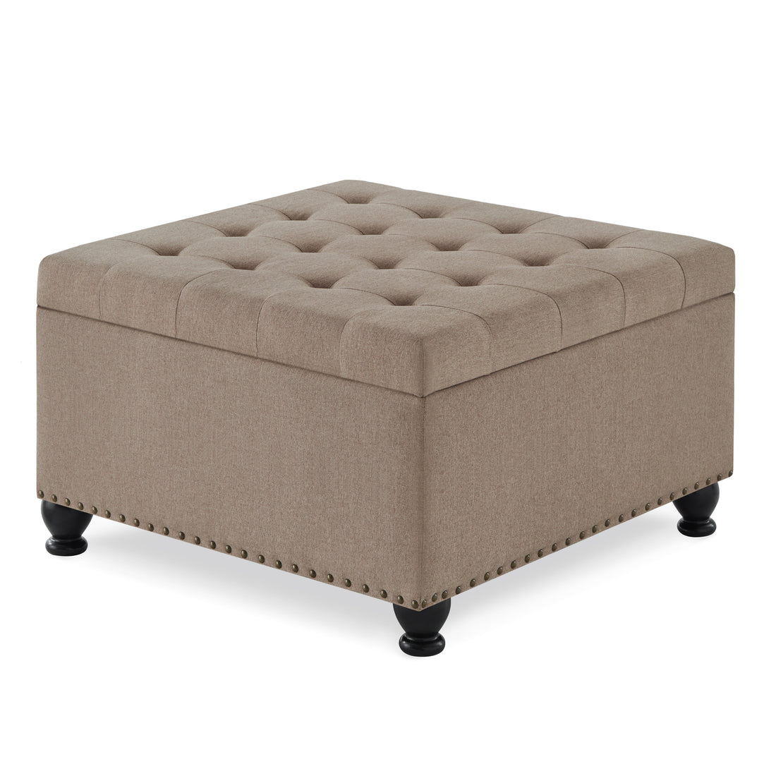 Large Square Storage Ottoman With Wooden Legs, Upholstered Button Tufted Coffee Table With Nail Trims For For Living Space,Linen Espresso Wood Primary Living Space Black Solid Rubberwood Wood With