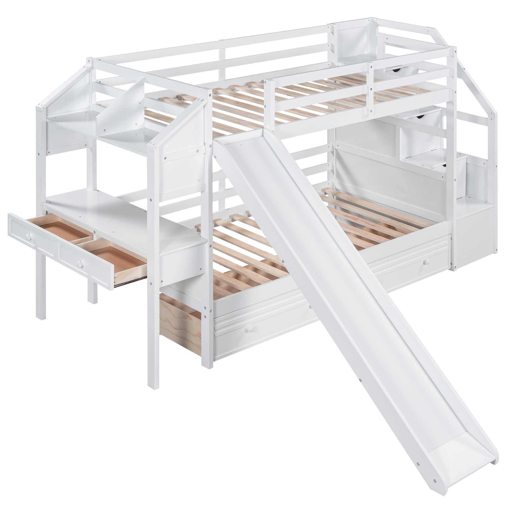 Twin Over Twin Bunk Bed With Storage Staircase, Slide And Drawers, Desk With Drawers And Shelves, White Box Spring Not Required Twin White Wood Bedroom Bunk Pine