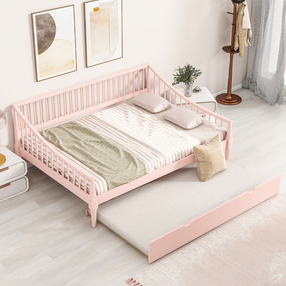 Full Size Daybed With Trundle And Support Legs, Pink Pink Solid Wood Mdf