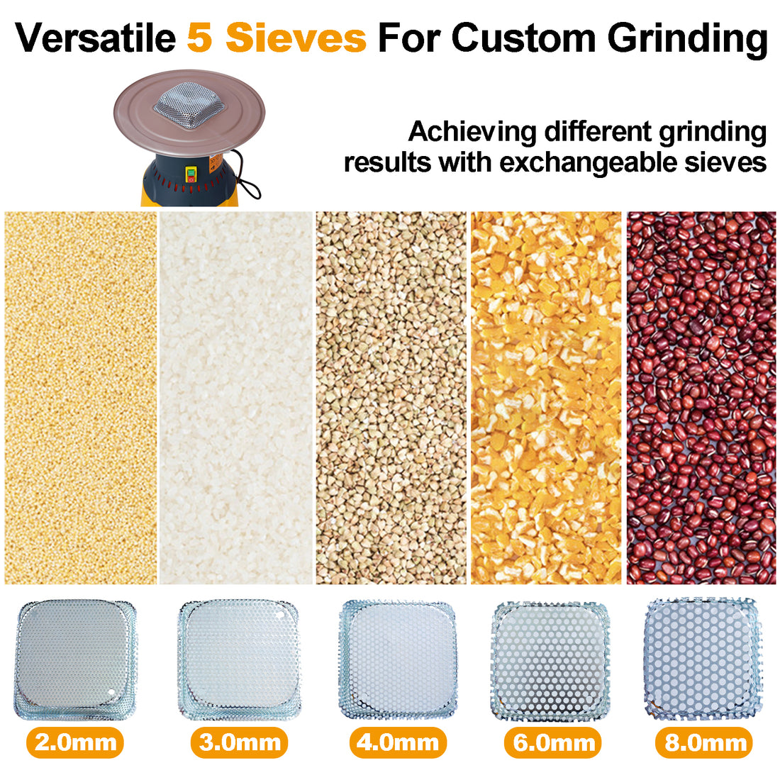 60L Grain Mill Grinder Electric Corn Grinder, Grain Mills Mill Flour Mills Molino De Maiz, Farm Home Electric Grinder For Corn Grain Feed, Wheat Grinder With 5 Grinder Sieves 1Wrench Dark Gray Steel