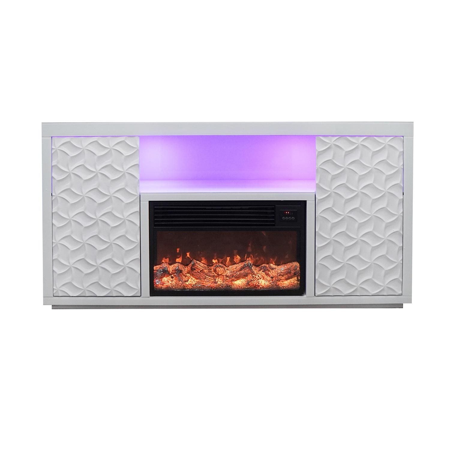 Timeless White Electric Fireplace With Led Panel, Speakers, And Remote White Resin Mdf Metal