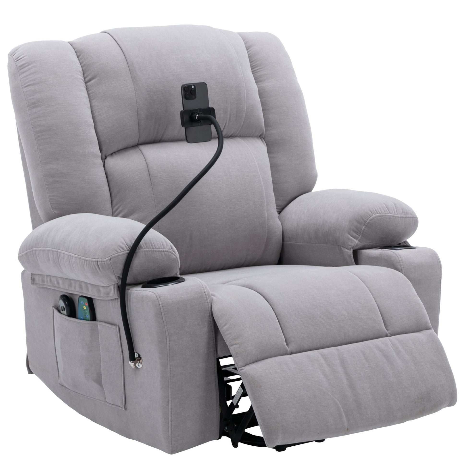 Power Lift Recliner Chair Electric Recliner For Elderly Recliner Chair With Massage And Heating Functions, Remote, Phone Holder Side Pockets And Cup Holders For Living Room, Grey Grey Foam Chenille