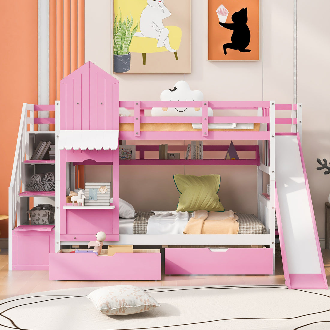 Twin Over Twin Castle Style Bunk Bed With 2 Drawers 3 Shelves And Slide Pink Pink Solid Wood