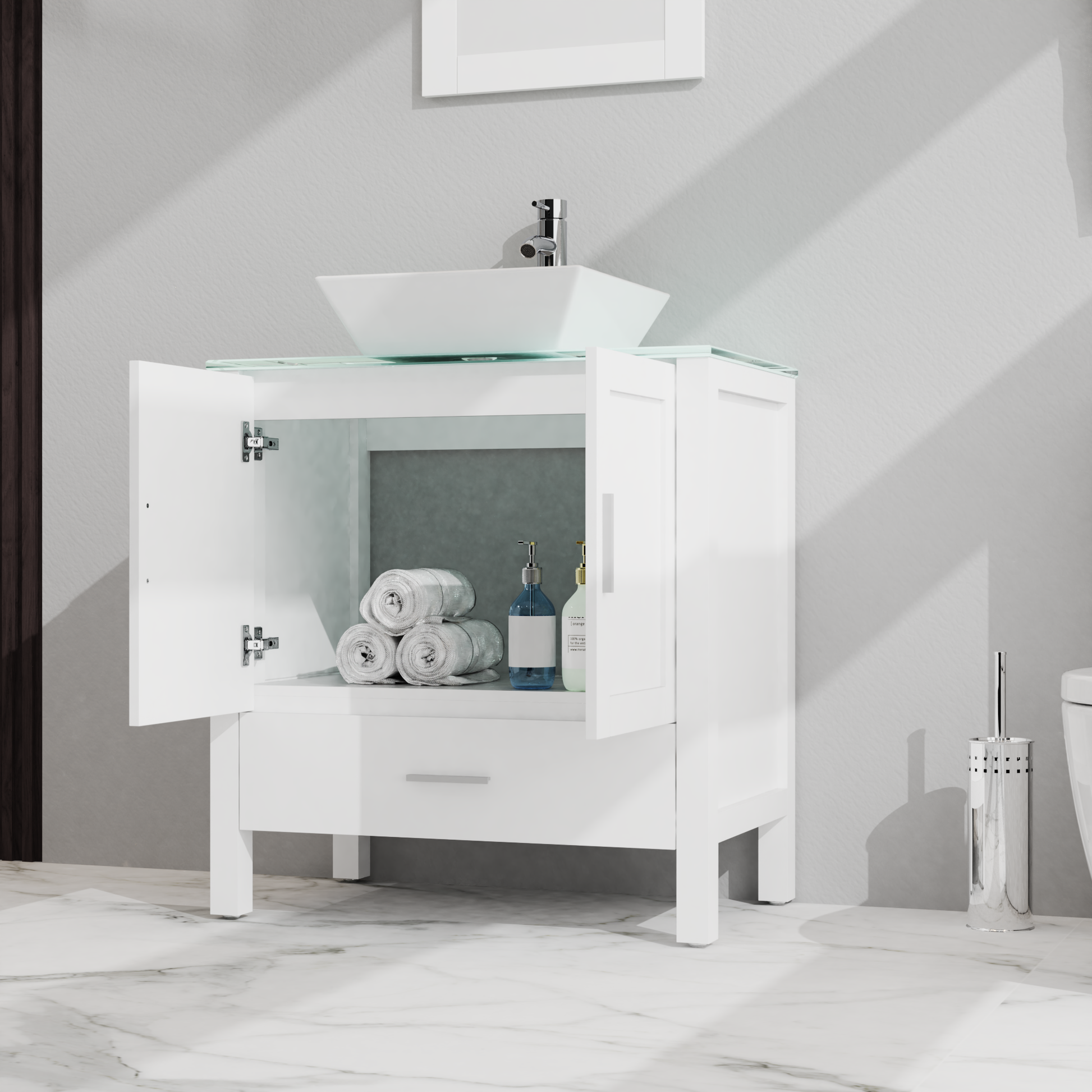 Goodyo 30" Bathroom Vanity And Sink Combo Glass Top Cabinet W Mirror, White 1 White 2 24 To 35 In 24 To 31 In Mirror Included Bathroom Freestanding American Design 15 20 Inches Mdf Mdf Glass