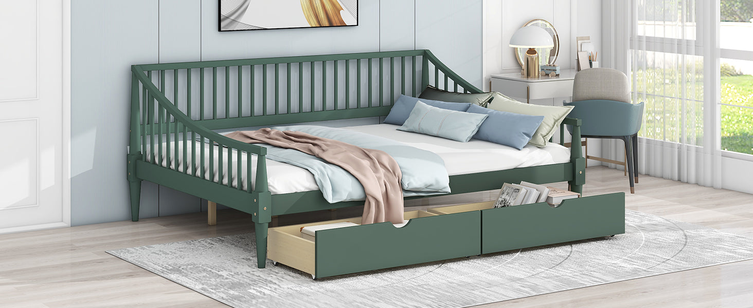 Full Size Daybed With Two Storage Drawers And Support Legs, Green Green Solid Wood Mdf